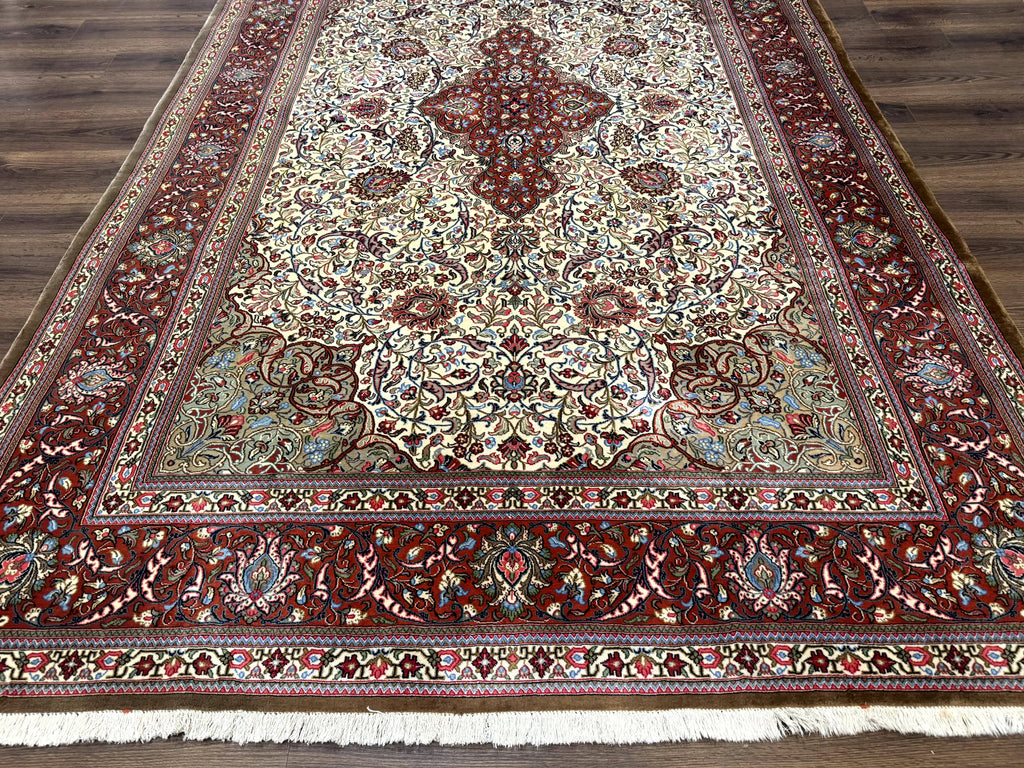 Persian Qum Rug 7x11, Beige and Red, Highly Detailed Floral Pattern, Fine 260 KPSI