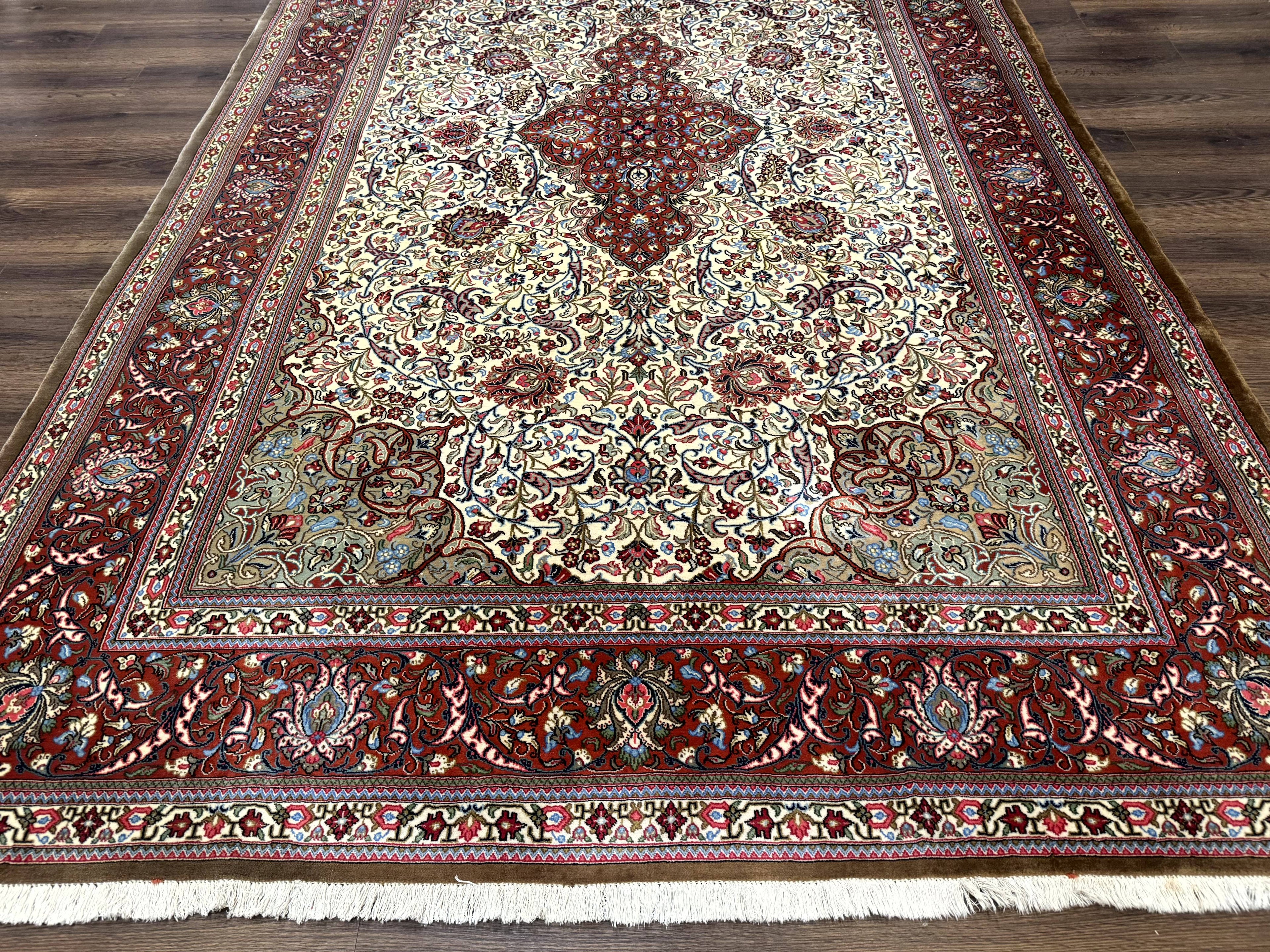 Persian Qum Rug 7x11, Beige and Red, Highly Detailed Floral Pattern, Fine 260 KPSI