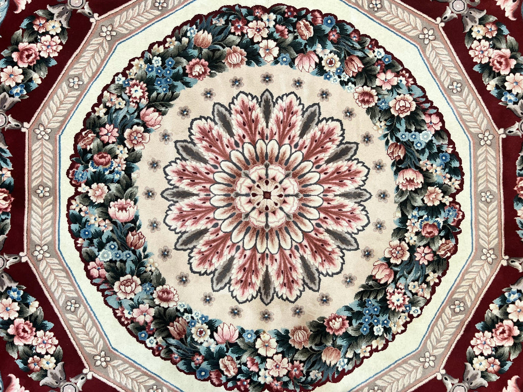 Chinese Aubusson Rug 9x12, Burgundy, Handmade Vintage Wool Carpet, Fine 210 KPSI, Elegant European Design