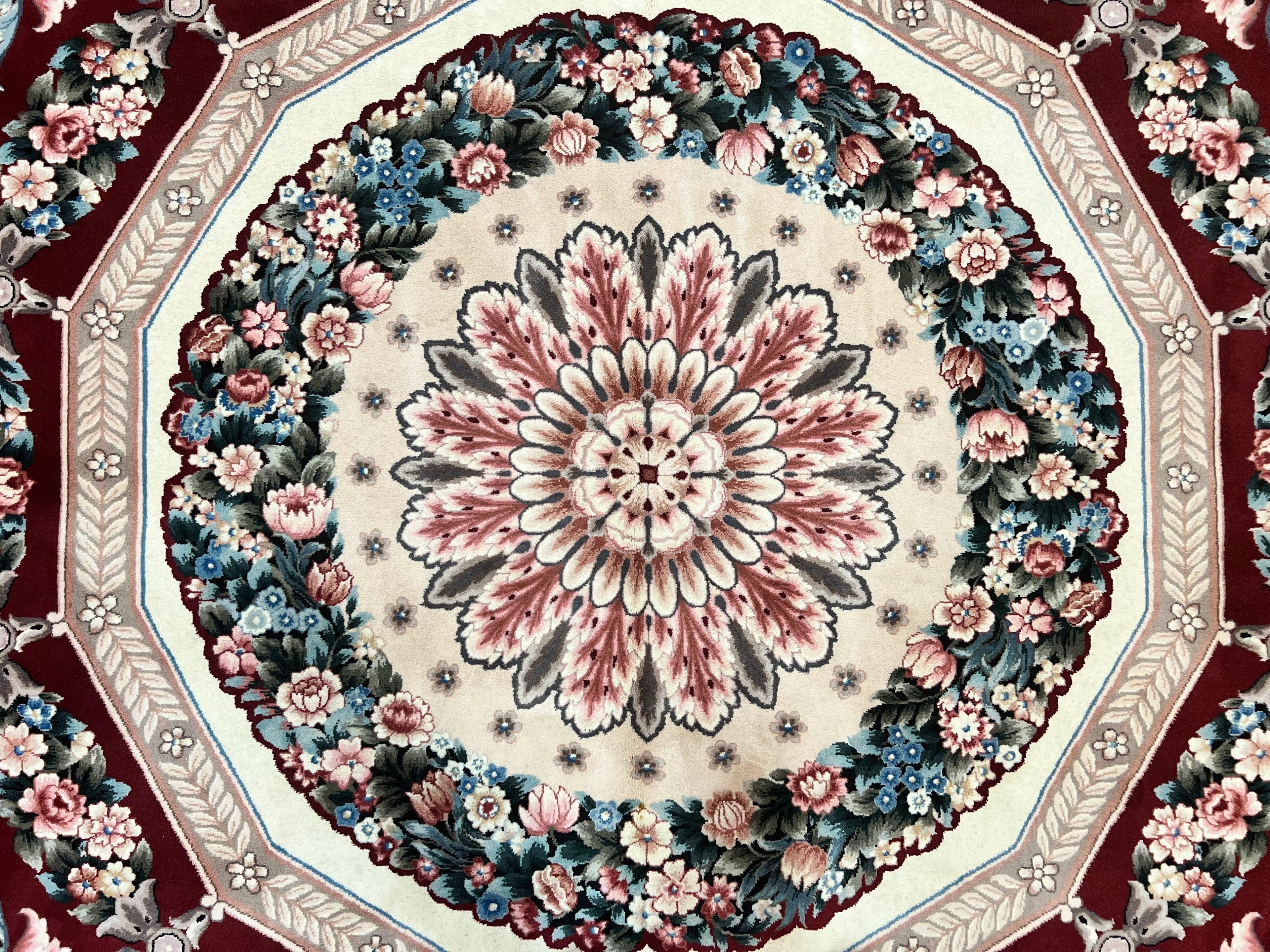 Chinese Aubusson Rug 9x12, Burgundy, Handmade Vintage Wool Carpet, Fine 210 KPSI, Elegant European Design