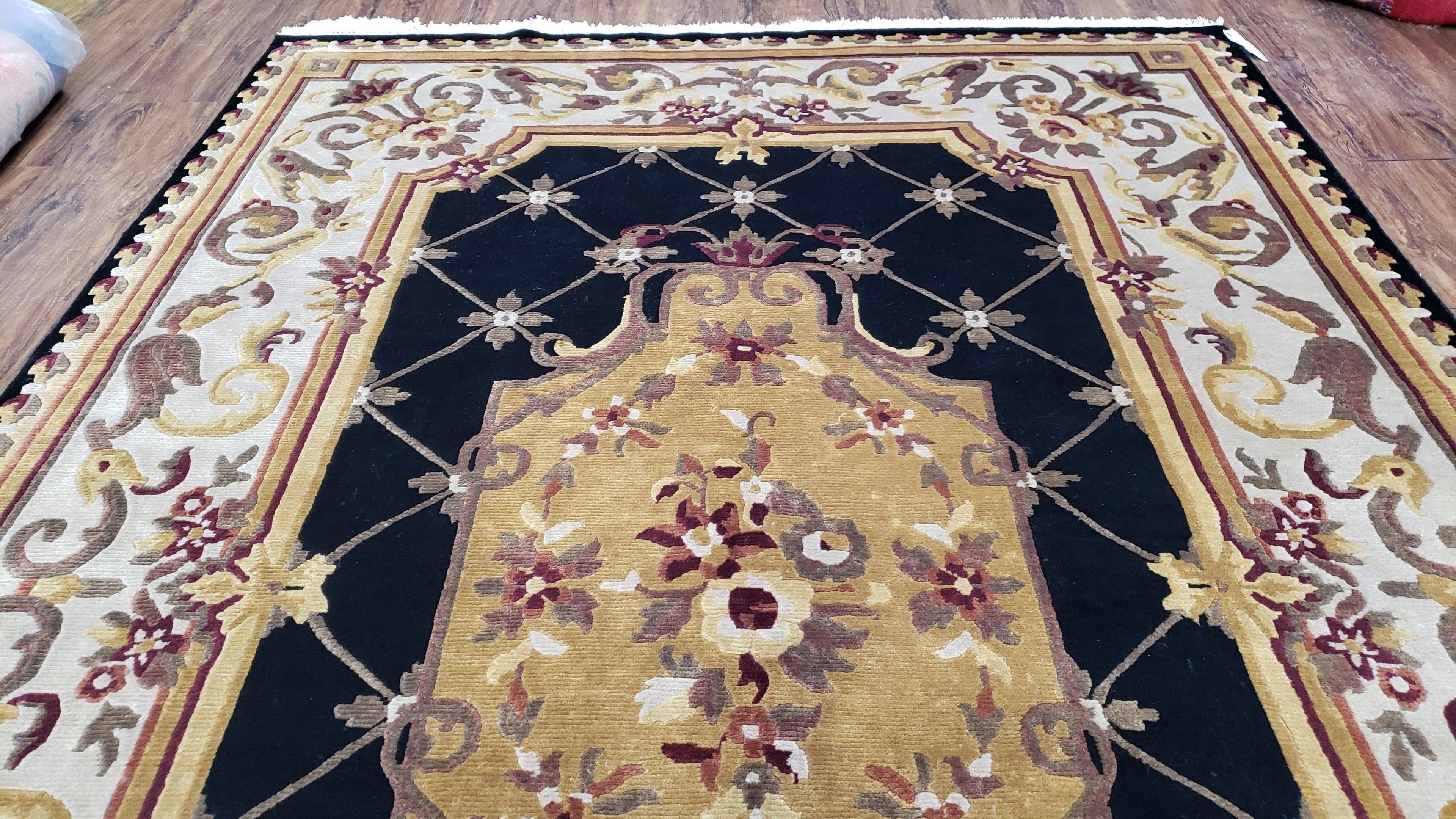6x9 Nepalese Rug, Aubusson Savonnerie Area Rug 6 x 9 with Soft Pile, Hand-Knotted Wool Black & Beige Tibetan New Carpet European Design