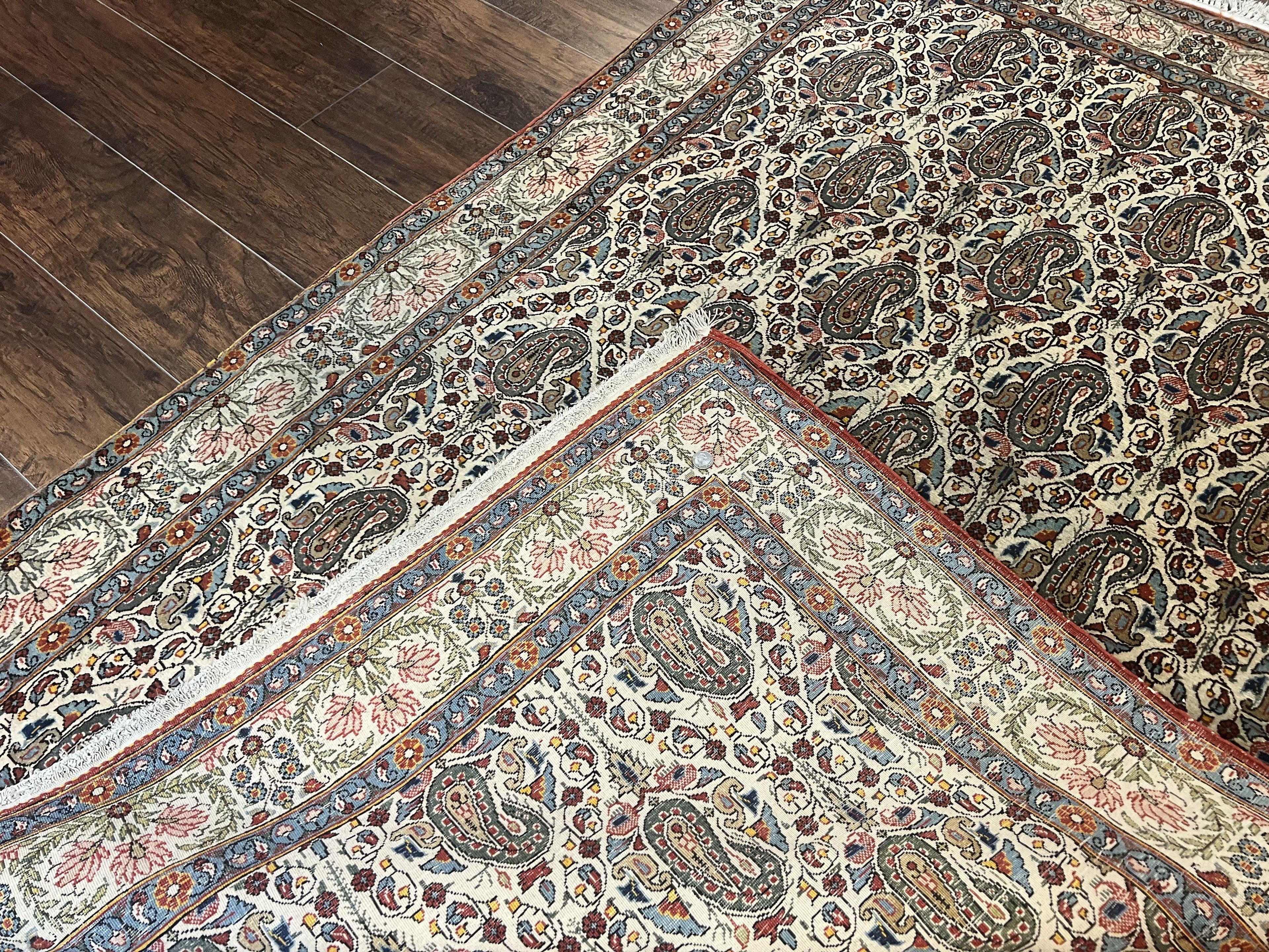 Persian Qum Rug 5x6, Cream Wool Hand Knotted Carpet, Repeated Boteh Paisely Design, Semi Antique Vintage Rug, Very Fine Weave 5 x 6 Rug