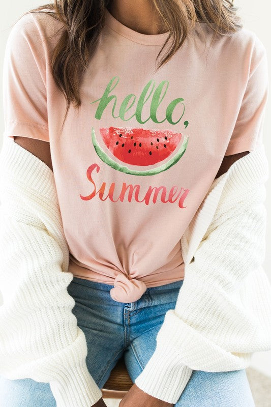 Hello Summer Watercolor Watermelon Graphic Tee T-Shirt