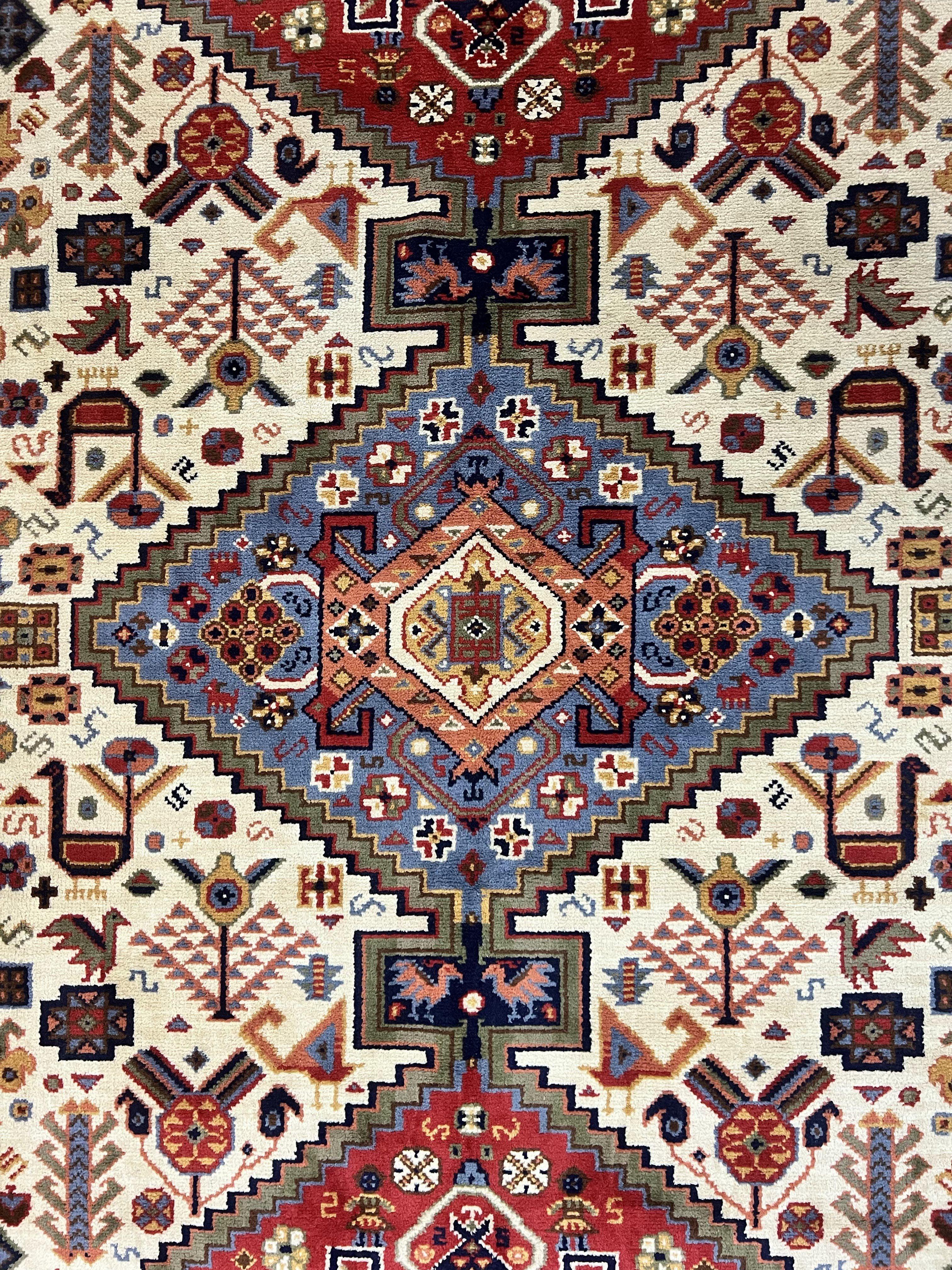 Belgium Power Loomed Rug 8x12, Geometric Medallions Persian Tribal Pattern, Vintage Wool Carpet, Ivory Red Blue