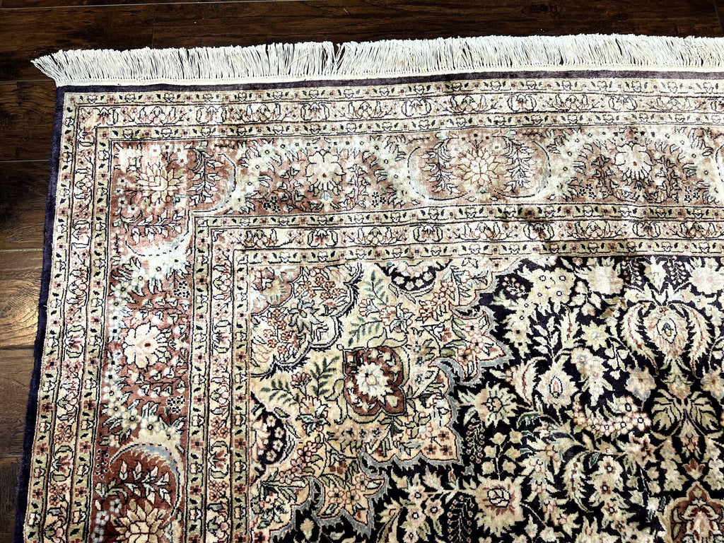 Silk Indian Kashmiri Rug 8x10, Floral Medallion, Indo Persian Carpet, Handmade Vintage Silk Rug