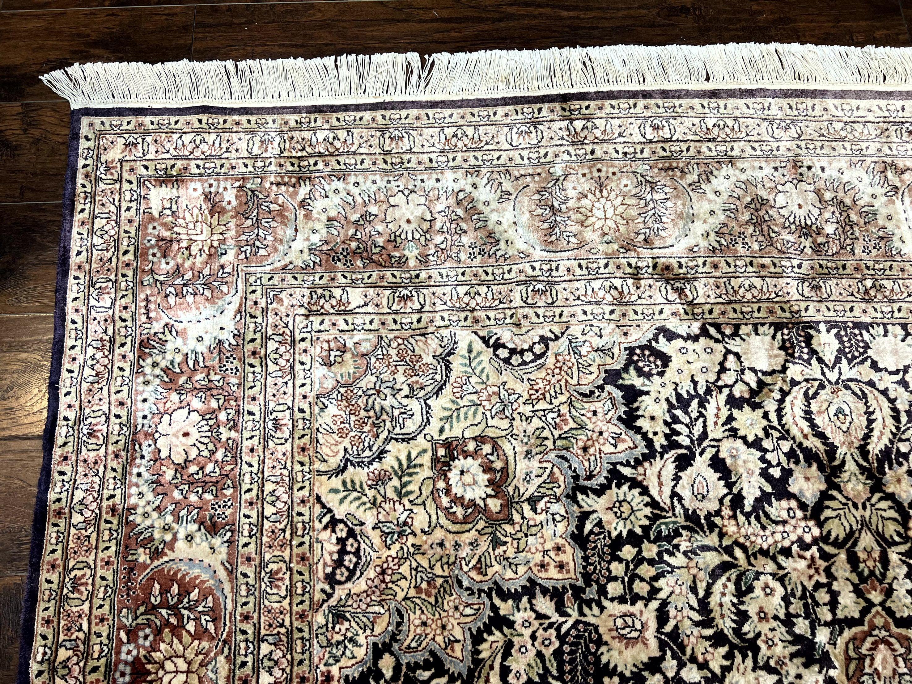 Silk Indian Kashmiri Rug 8x10, Floral Medallion, Indo Persian Carpet, Handmade Vintage Silk Rug