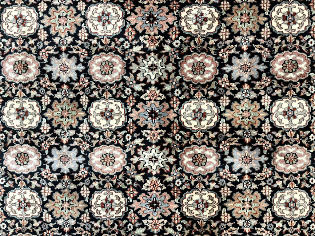 Indo Persian Rug 9x12, Vintage Handmade Wool Carpet, Repeated Allover Motif, Navy Blue and Pink