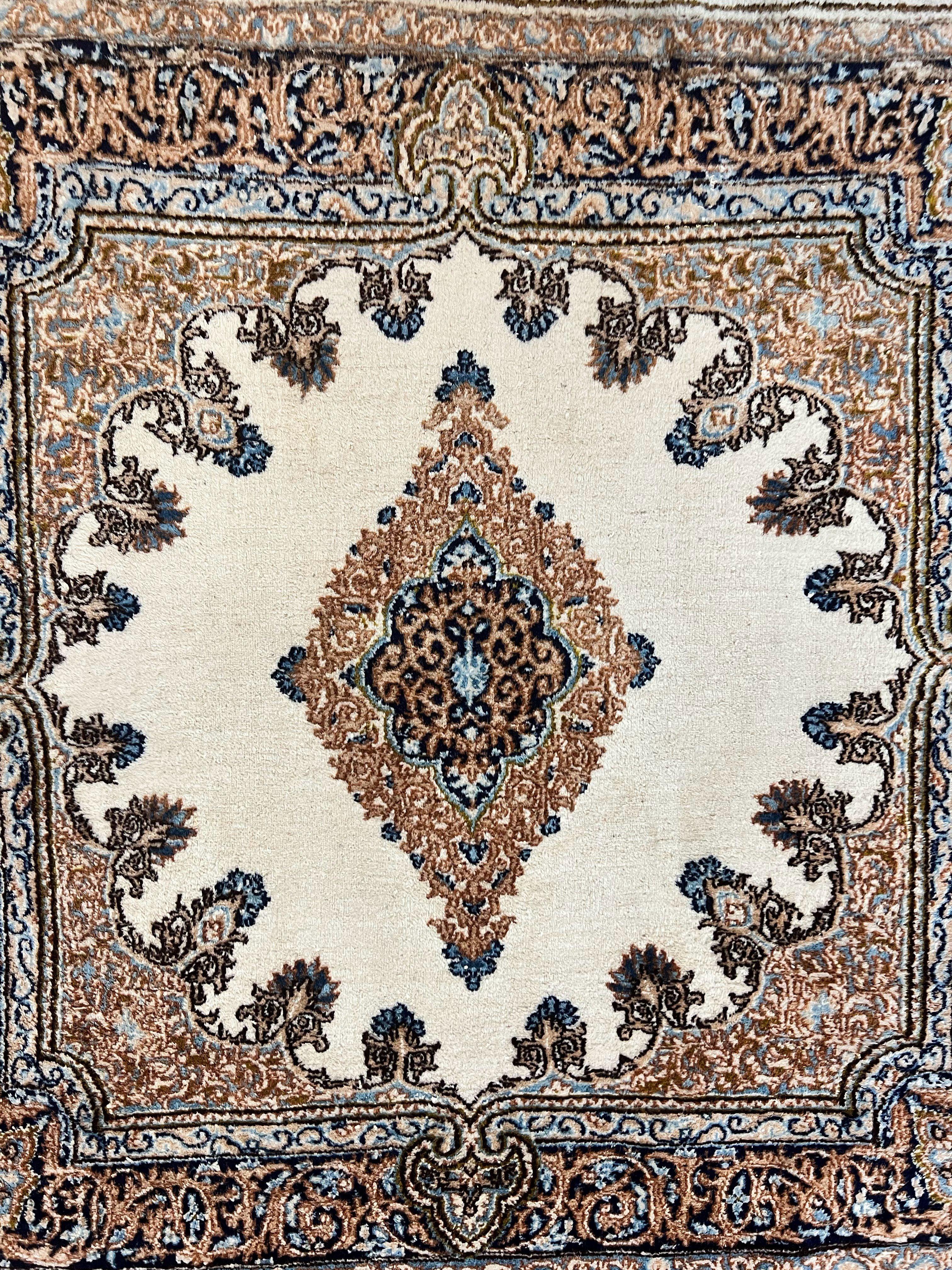 Square Persian Kirman Rug 4x4, Semi Open Field, Handmade