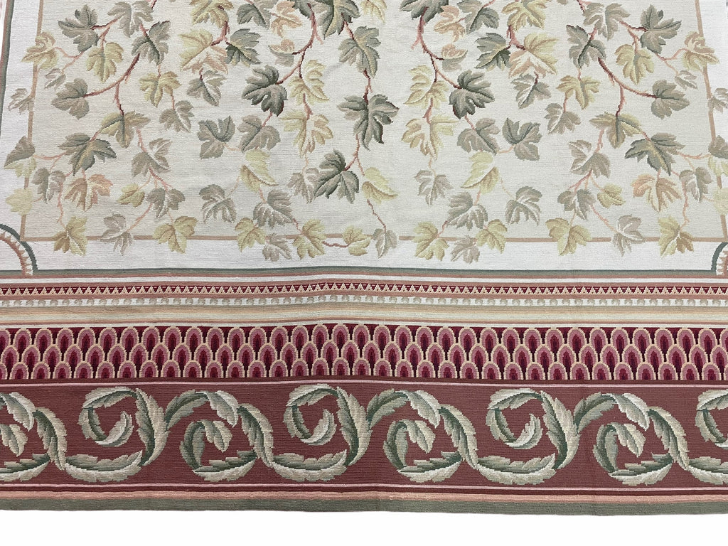 Aubusson Needlepoint Rug 9x12, Flatweave Carpet, Leaves, Wool, New, Handmade