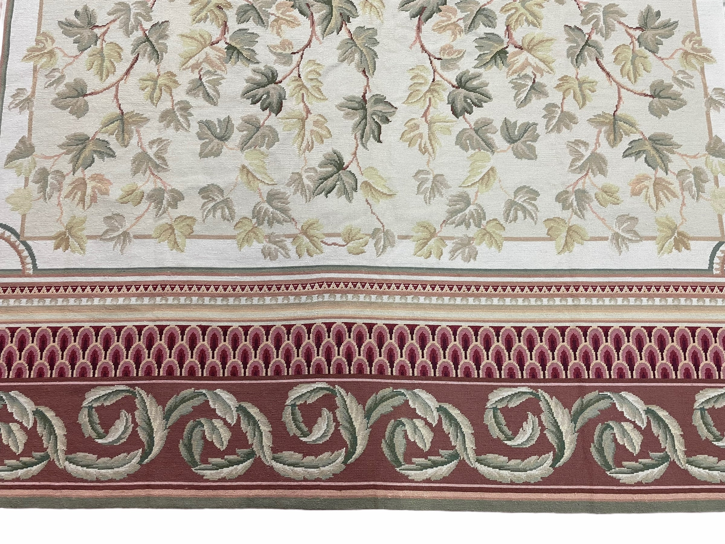 Aubusson Needlepoint Rug 9x12, Flatweave Carpet, Leaves, Wool, New, Handmade