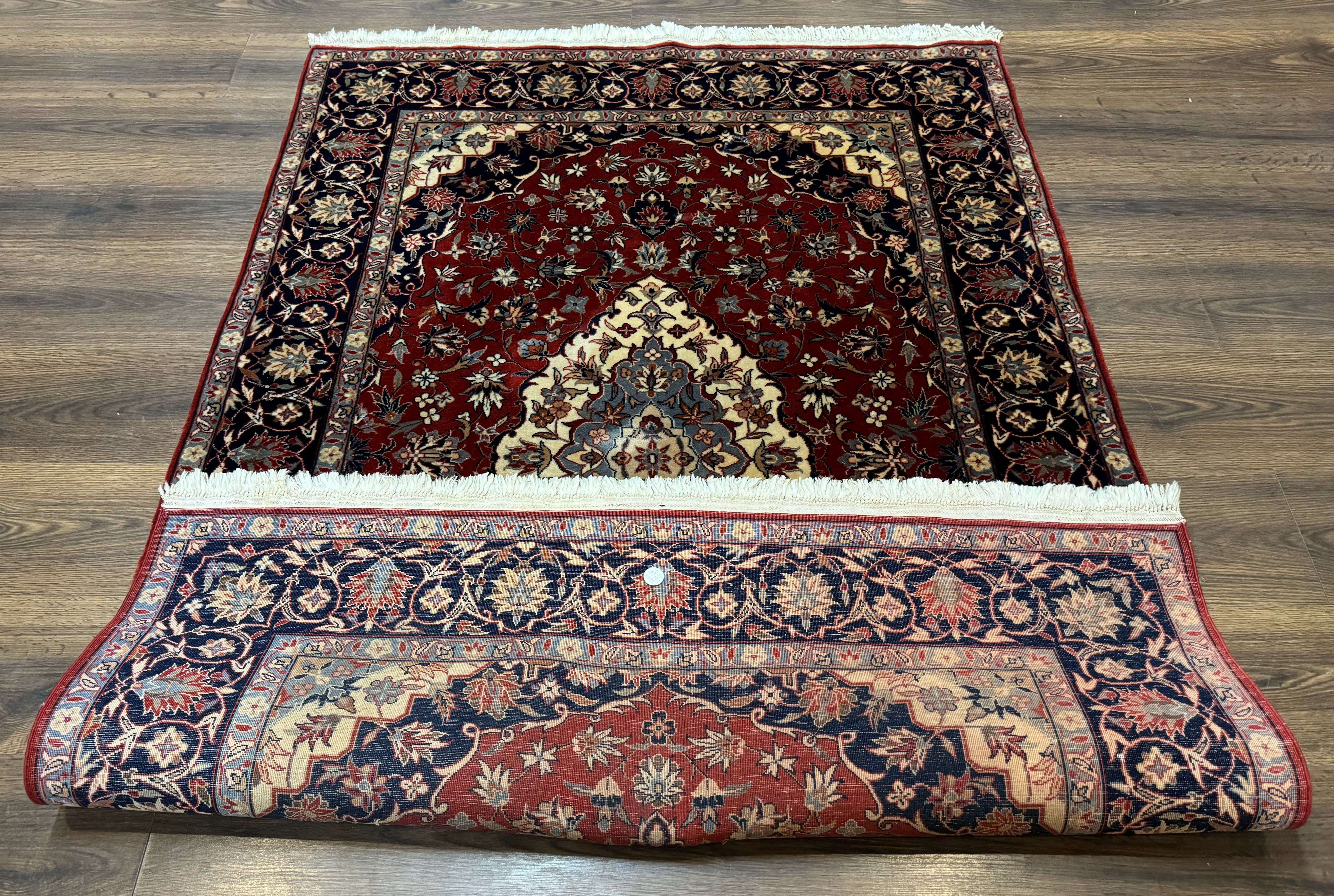 Sino Persian Rug 4x6, Traditional Wool Hand Knotted Carpet, Red Navy Blue, 225 KPSI