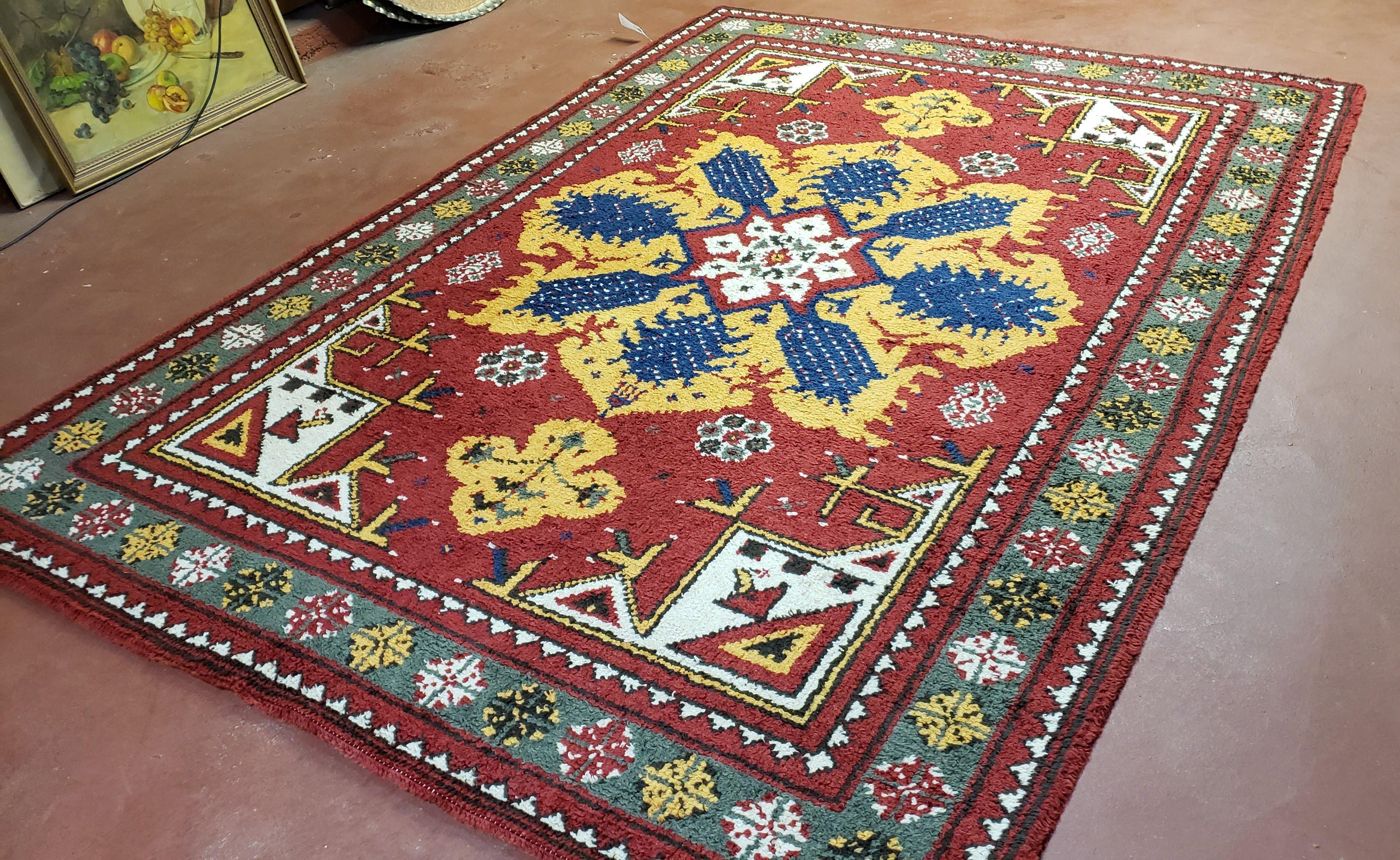 Colorful Moroccan Heriz Rug 6x9, Large Central Medallion, Red Yellow Blue