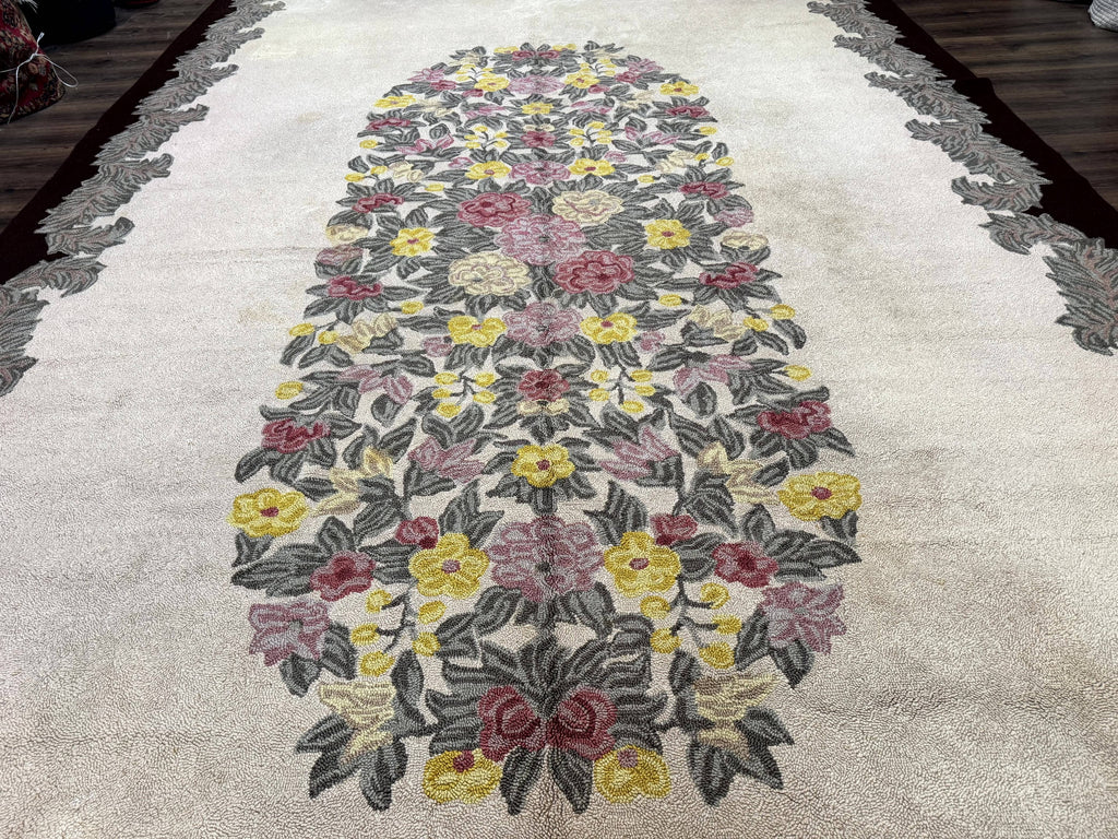 Palace Size American Hooked Rug 11x20 Aubusson Style Ivory