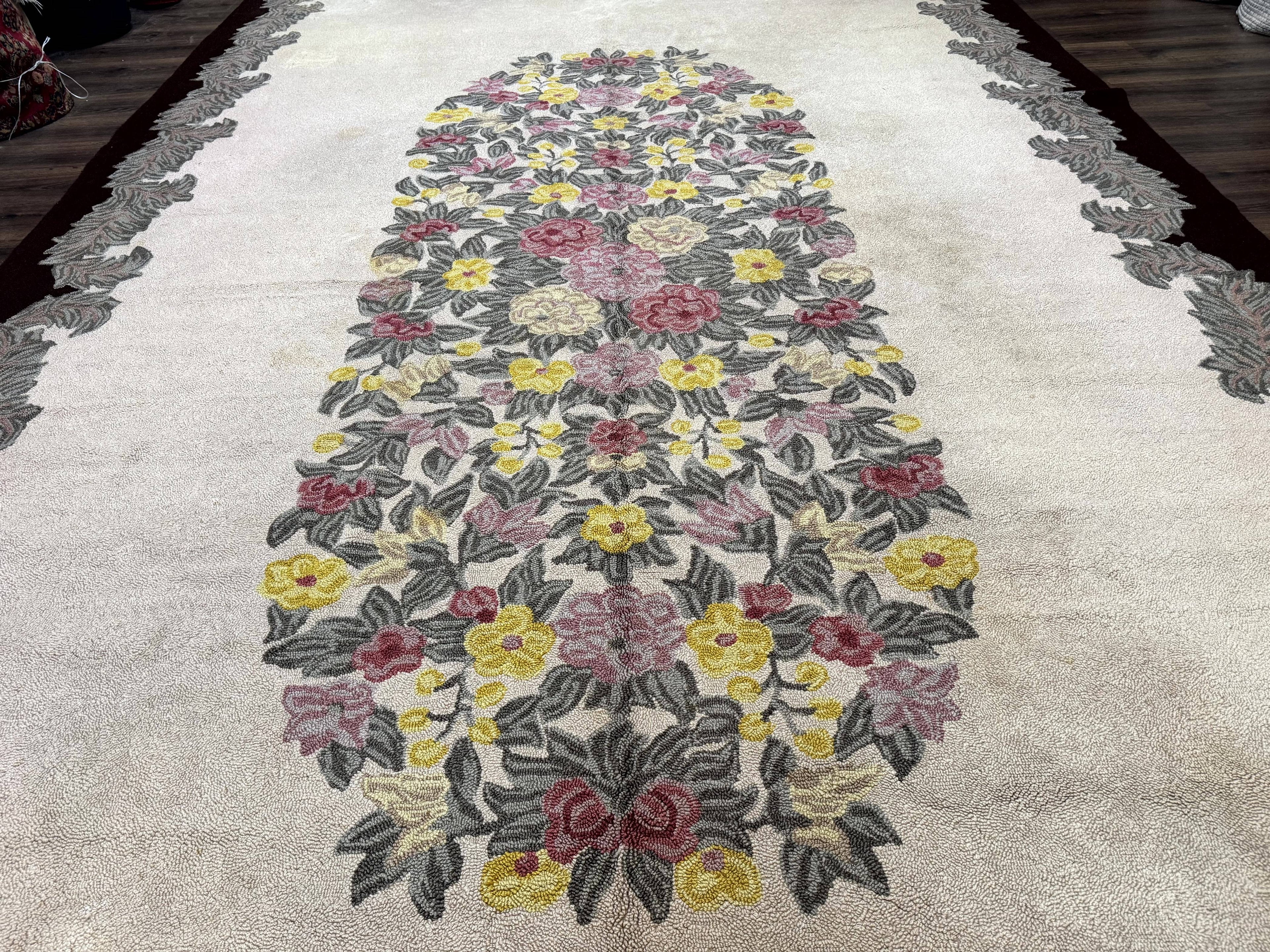 Palace Size American Hooked Rug 11x20 Aubusson Style Ivory