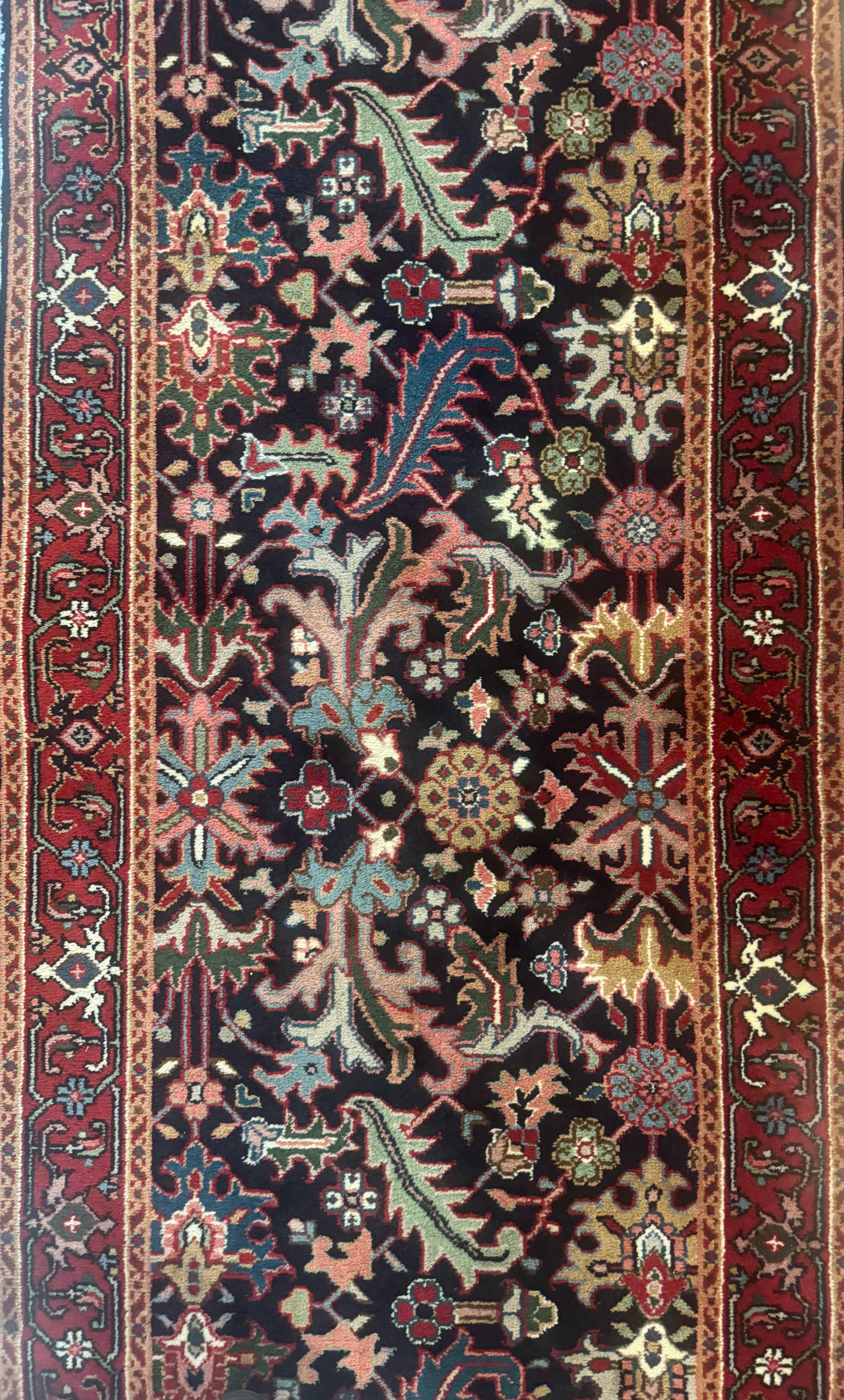 Indo Persian Runner Rug 2.7 x 13, Navy Blue and Red, Allover Floral, Wool, 13ft Runner