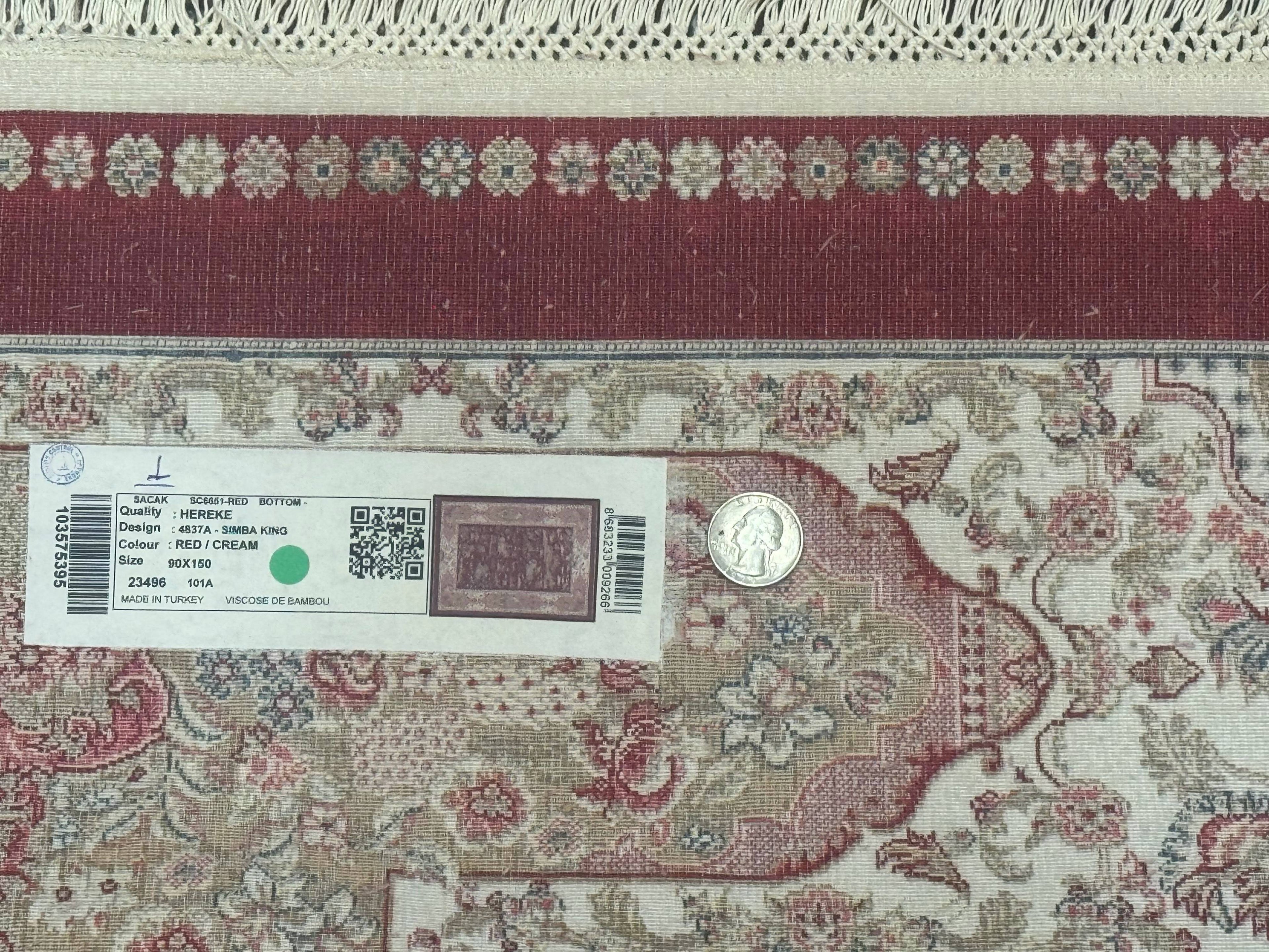 Turkish Silk Rug 3x5, Hunting Design, Dark Red & Ivory, Bamboo Silk, New