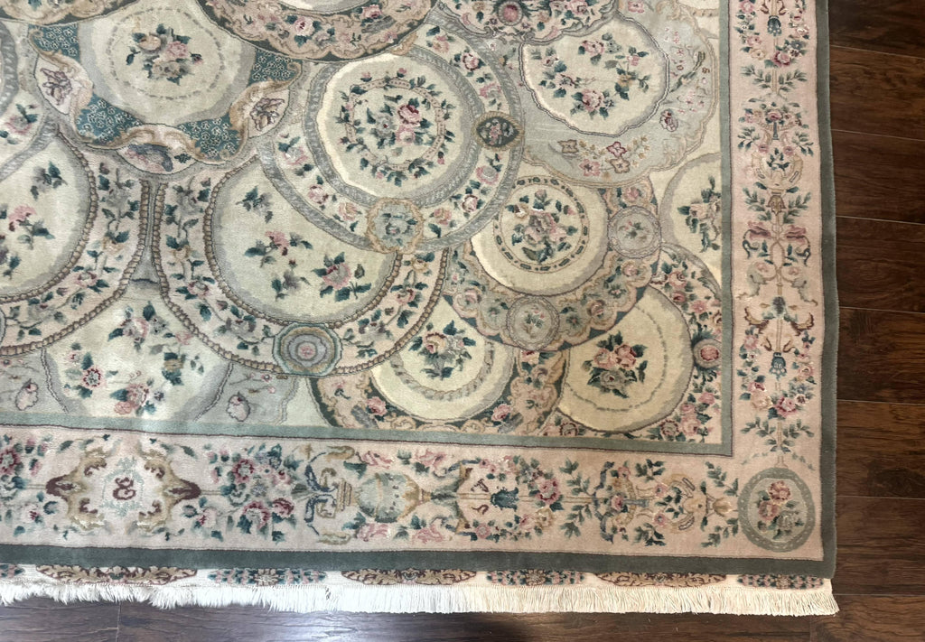 Pak Persian Rug 9x12, Wool with Silk Highlights, European Design, Floral, Green