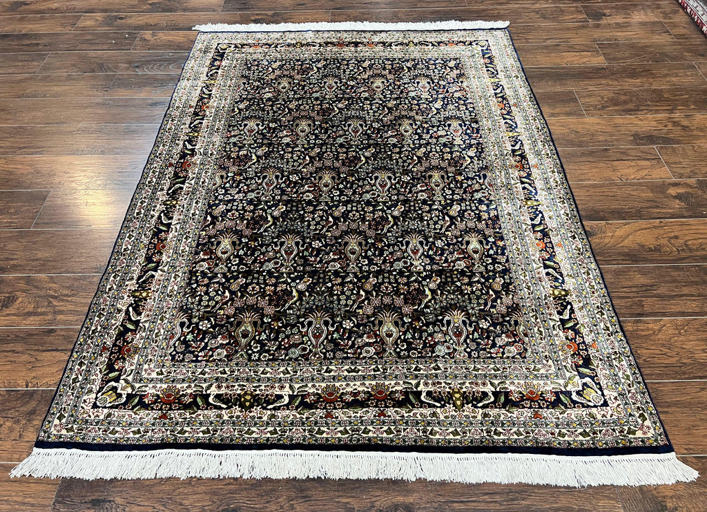 Silk Indian Kashmiri Rug 5x7, Navy Blue Indo Persian Silk Carpet 5 x 7 ft, Hand Knotted Handmade Very Fine Oriental Carpet, 450 KPSI, Birds