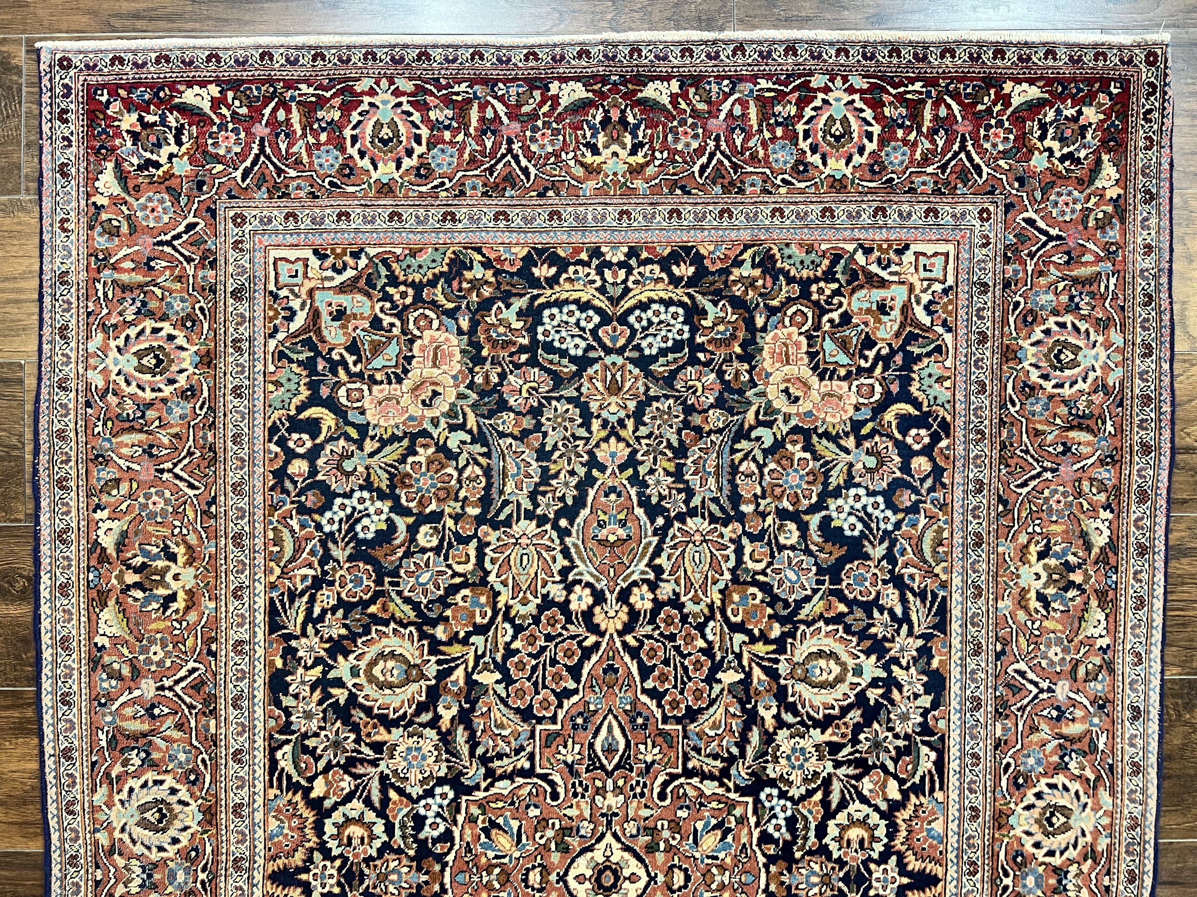 Persian Kashan Rug 4x7, Floral Medallion Vintage Handmade Hand Knotted Navy Blue & Red Wool Oriental Carpet, Highly Detailed Semi Antique Rug