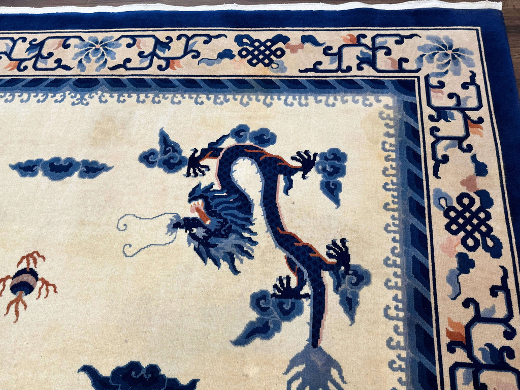 Chinese Dragon Peking Rug 8 x 11.6, Ivory and Blue, Chinese Wool Rug, Vintage