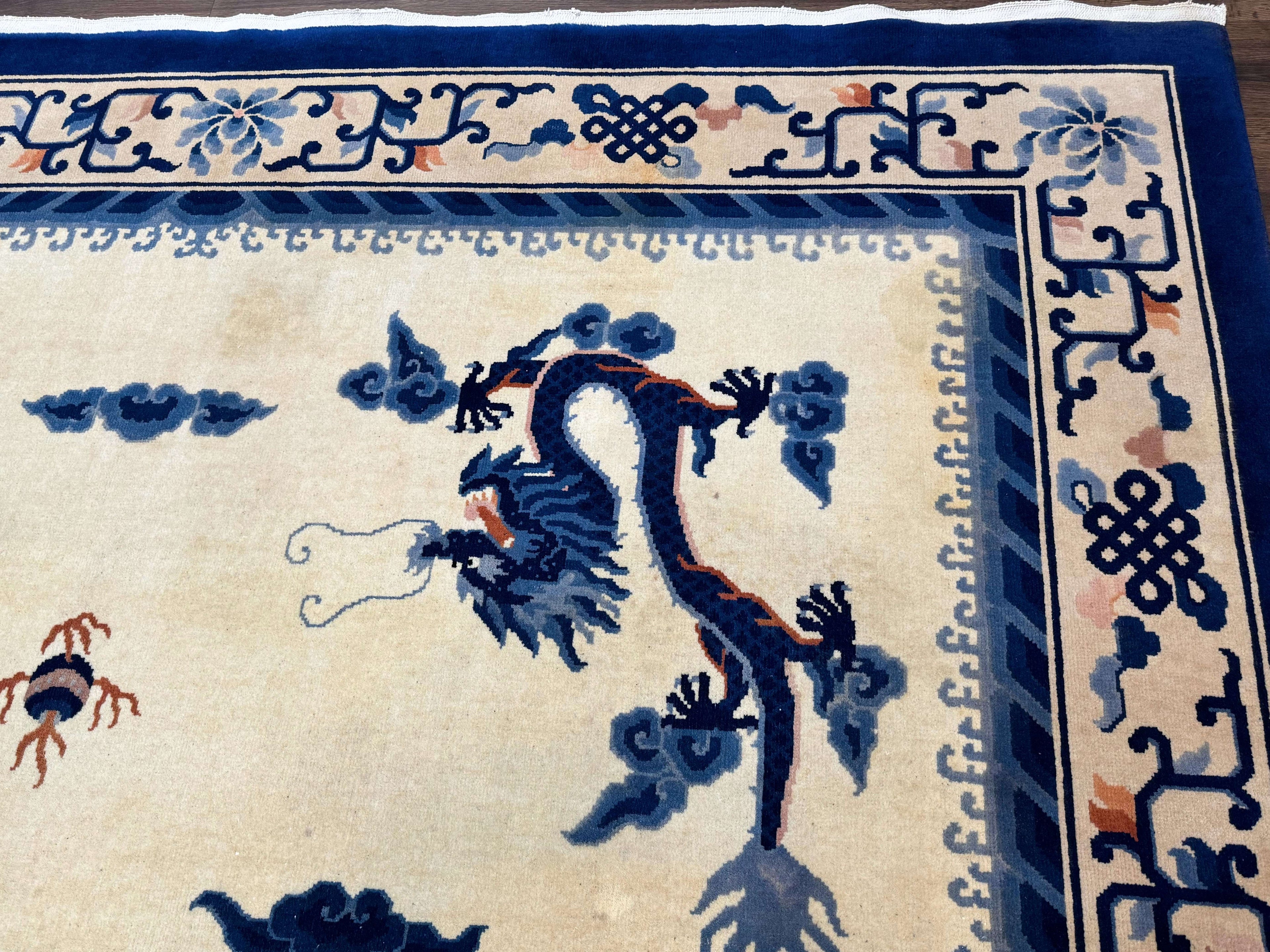 Chinese Dragon Peking Rug 8 x 11.6, Ivory and Blue, Chinese Wool Rug, Vintage