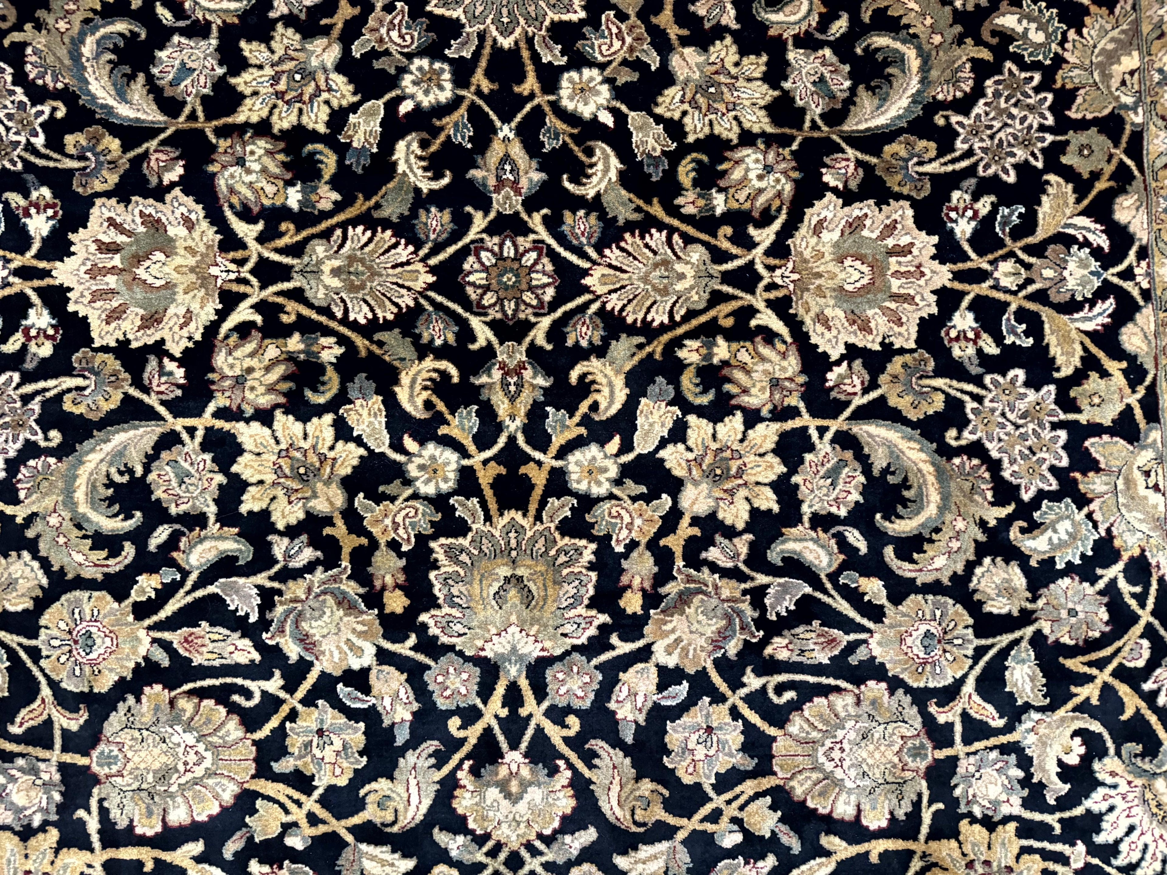 Indo Persian Rug 8x10, Black and Green, Wool, Handmade, Traditional, Floral Allover, Vintage