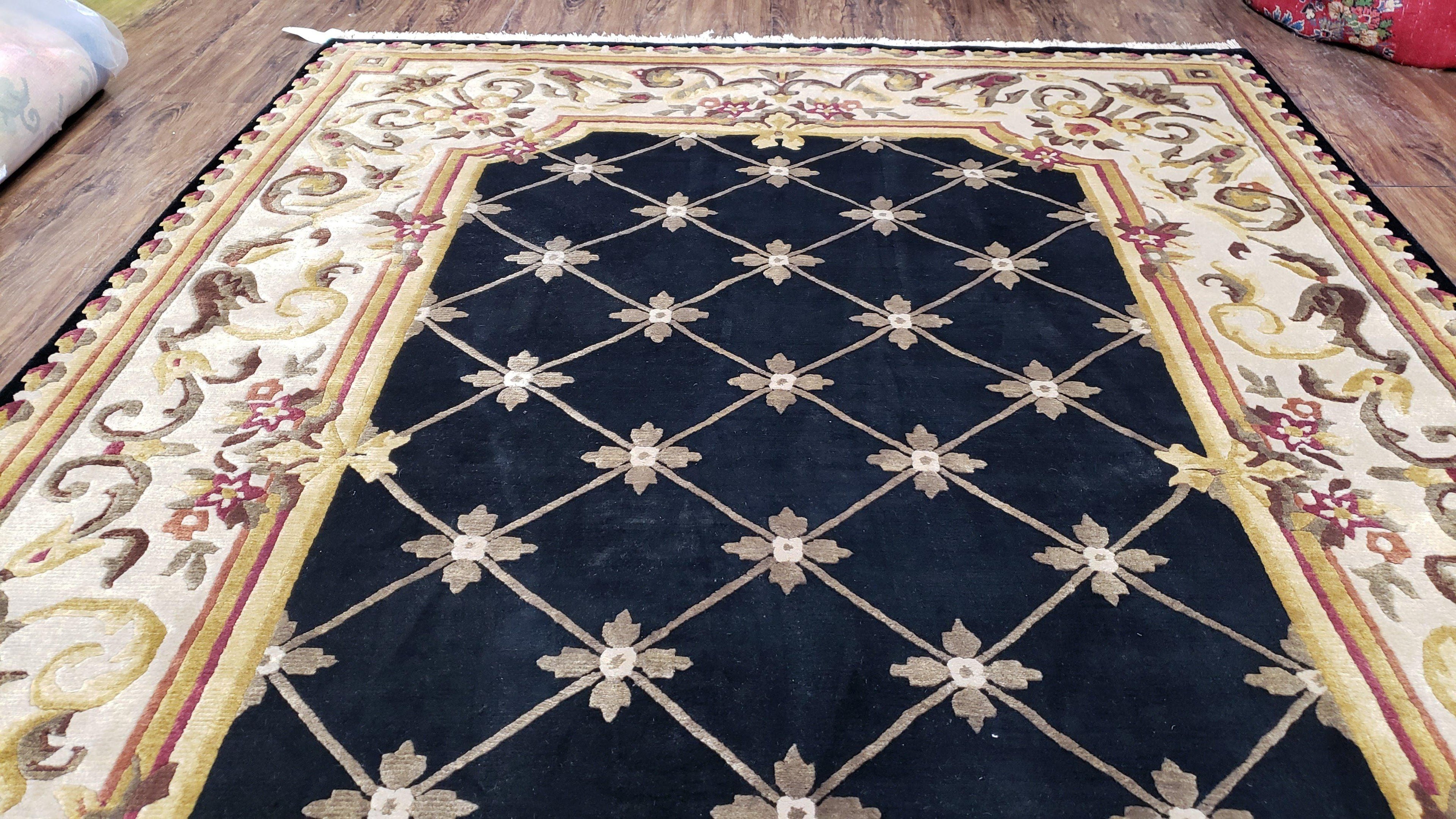 Nepal Rug 6x9, New Aubusson Nepalese Tibetan Carpet 6'1" x 8' 8", Hand-Knotted Wool, Unused, Black & Cream, Savonnerie Pattern, Soft Pile