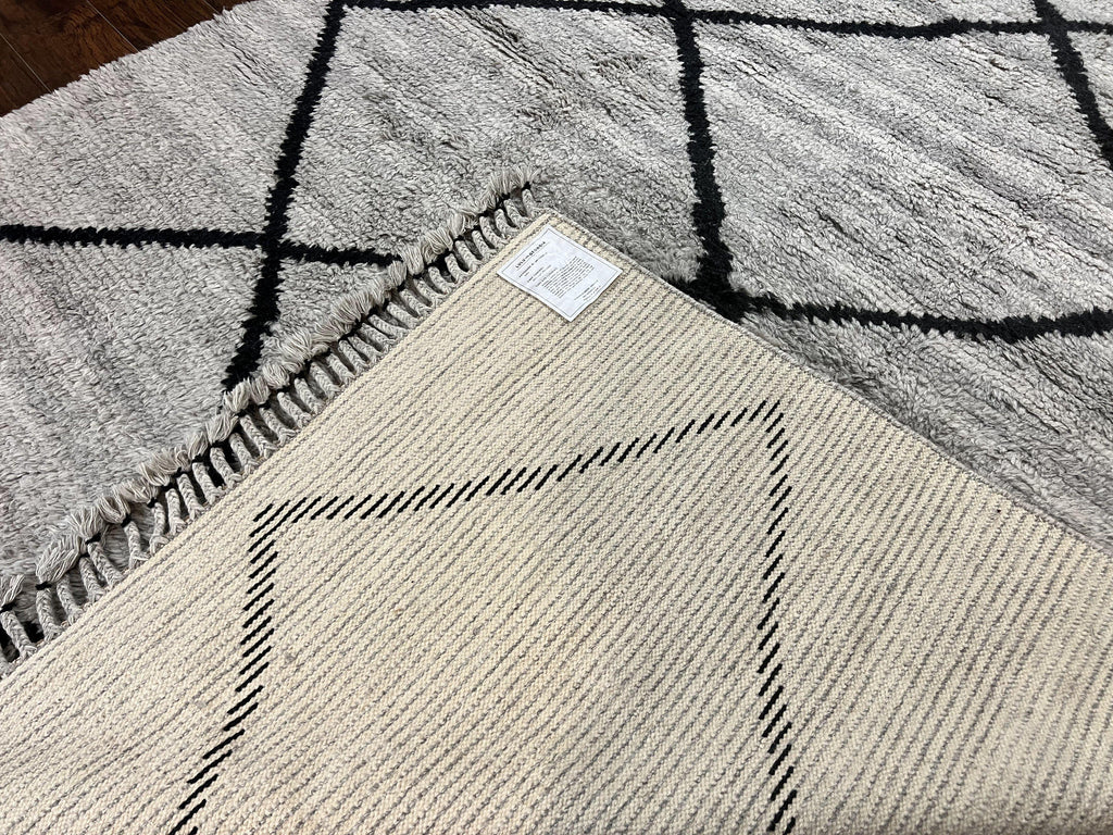 Modern Shag Rug 8x10, Gray and Black, Wool and Cotton, Lulu and Georgia, Handmade Indian Shag Rug