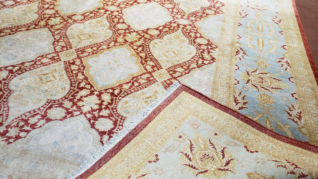9x12 Peshawar Rug Pakistani Oriental Carpet Sky Blue and Red Wool Vintage Master Bedroom Rug Hand-Knotted Living Room Rug Dining Room Rug