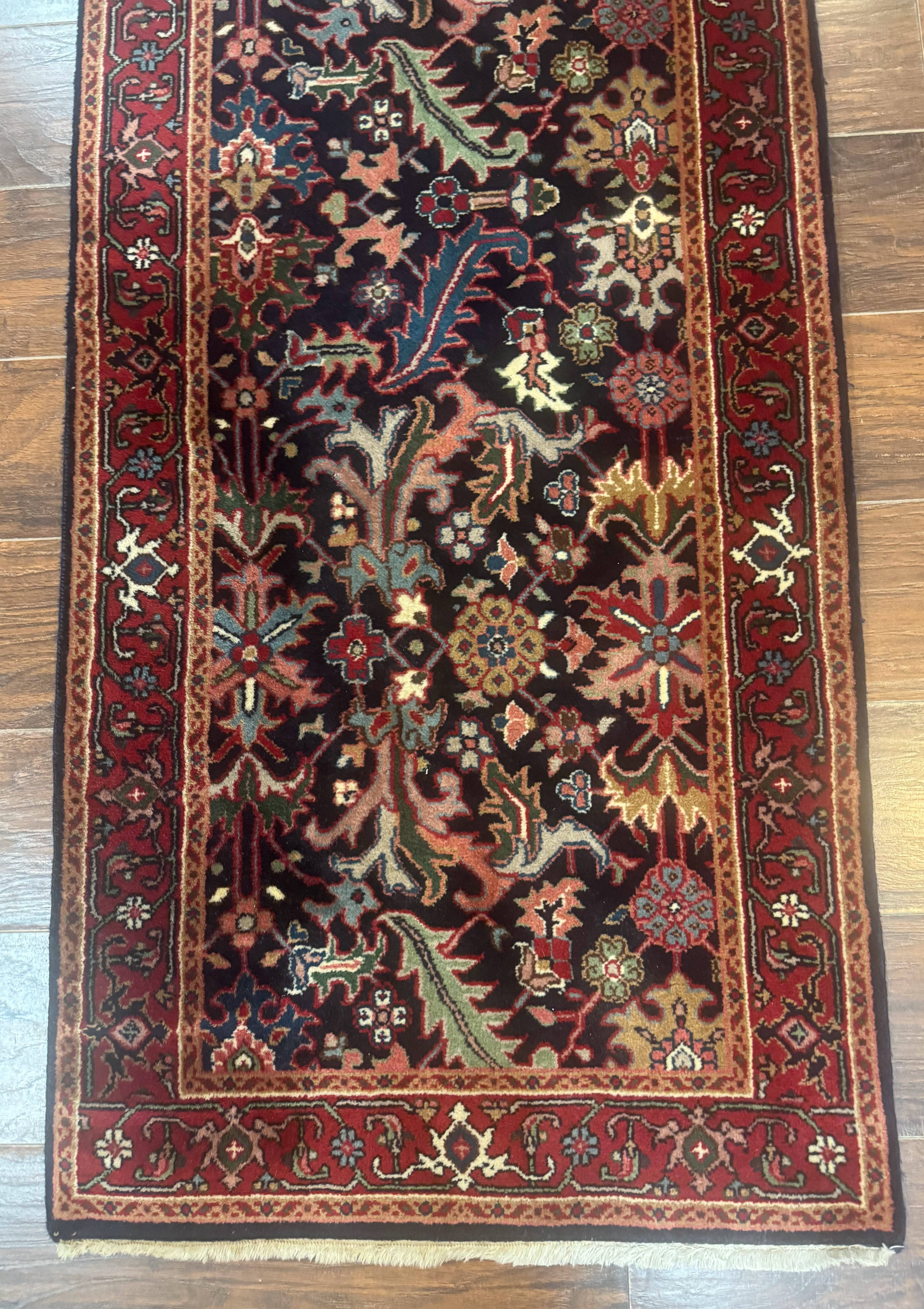 Indo Persian Runner Rug 2.7 x 13, Navy Blue and Red, Allover Floral, Wool, 13ft Runner