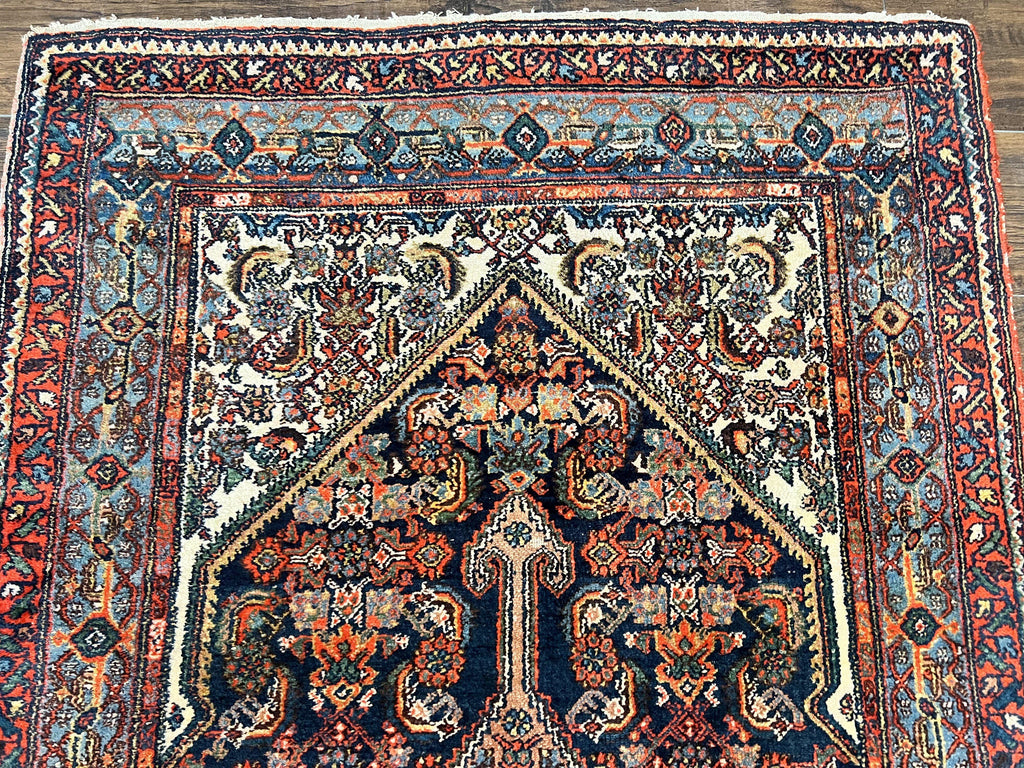 Antique Persian Runner Rug 3.7 x 15.8, Navy Blue Multicolor, Hand Knotted Handmade Wool Rug for Hallway, Geometric Medallions, Persian Hamadan Rug
