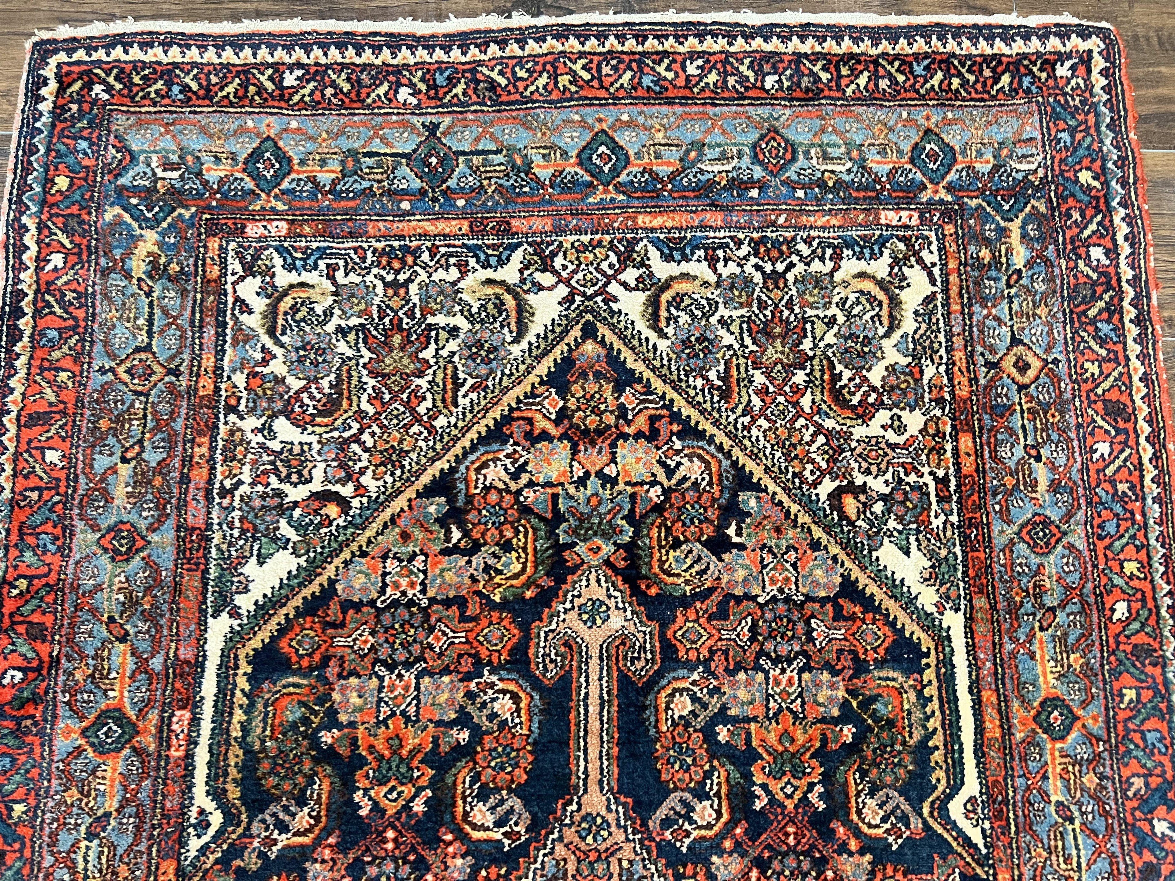Antique Persian Runner Rug 3.7 x 15.8, Navy Blue Multicolor, Hand Knotted Handmade Wool Rug for Hallway, Geometric Medallions, Persian Hamadan Rug