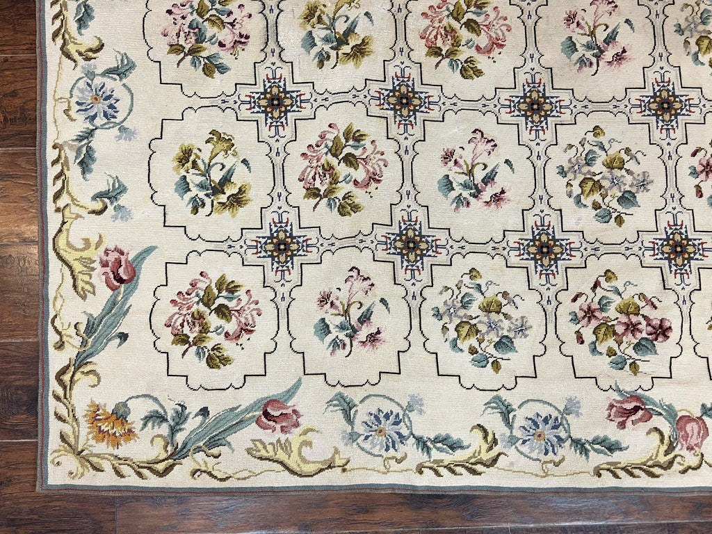 Needlepoint Rug 10x14, Wool Handmade Vintage Needlepoint Carpet, Floral Panel Design, Ivory/Cream