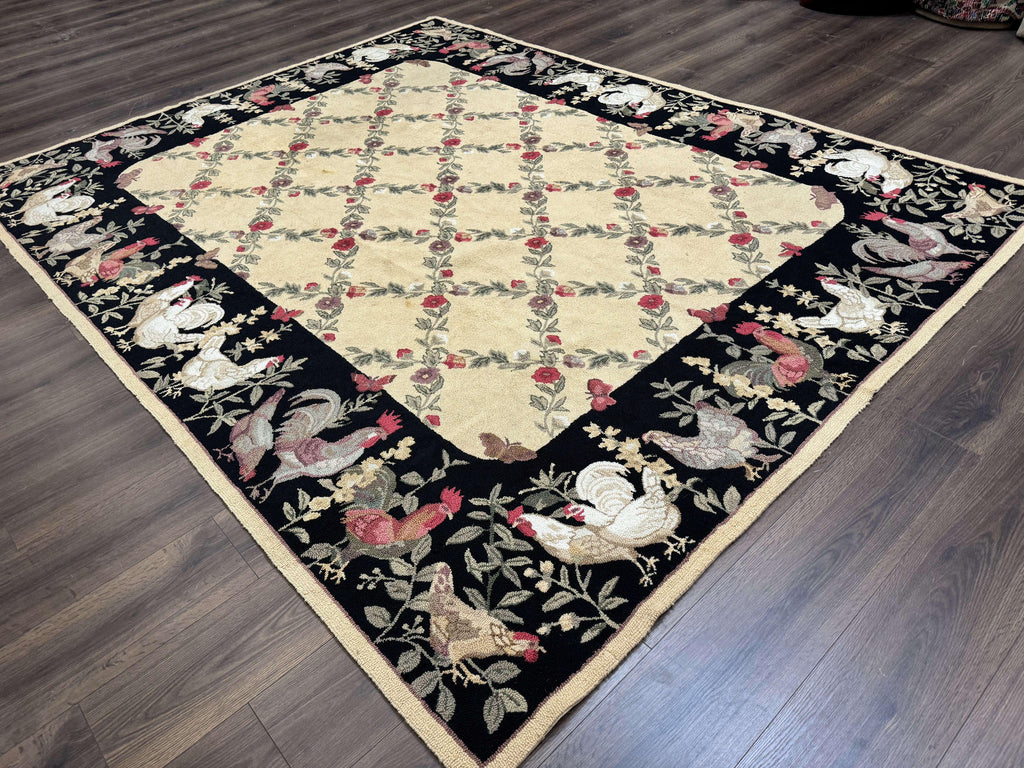 Vintage Hooked Rug 7x9, Rosters in Border, Roses and Butterflies