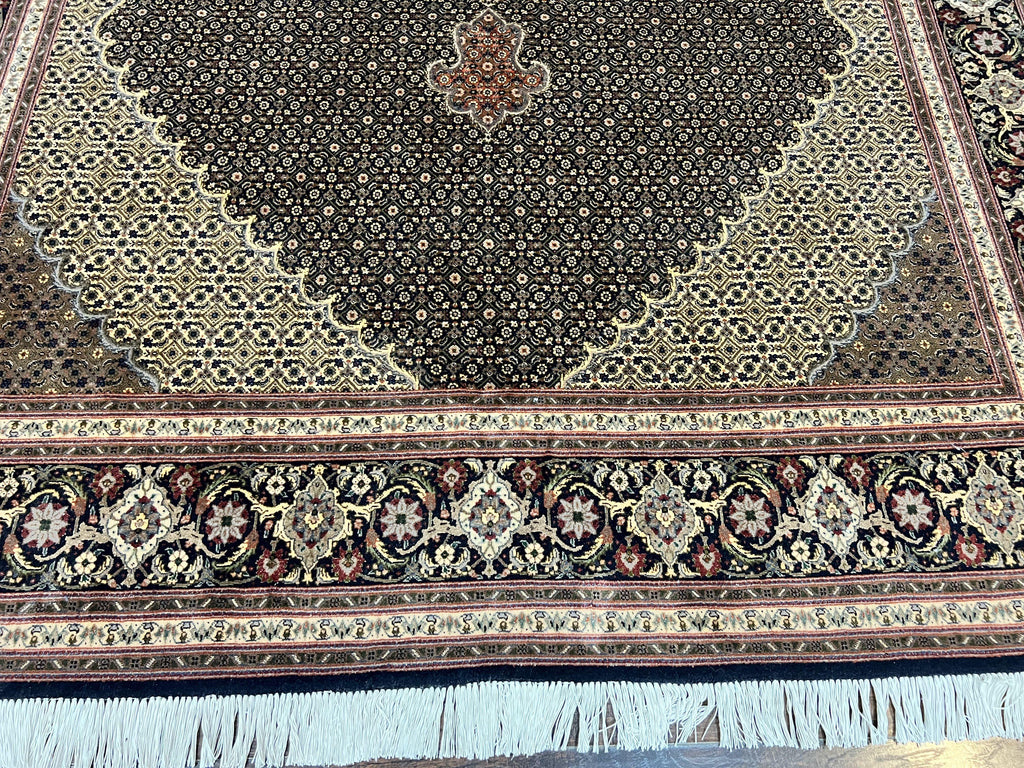 Persian Tabriz Rug 7x10, Very Fine 330 KPSI 50 Raj, Black and Beige, Handmade Wool Vintage Persian Carpet