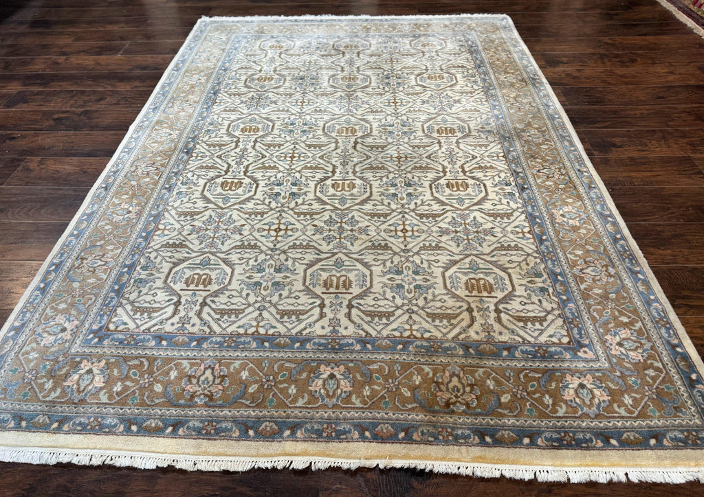 Indo Persian Rug 6x9, Beige, Allover Pattern, Vintage Wool Oriental Carpet