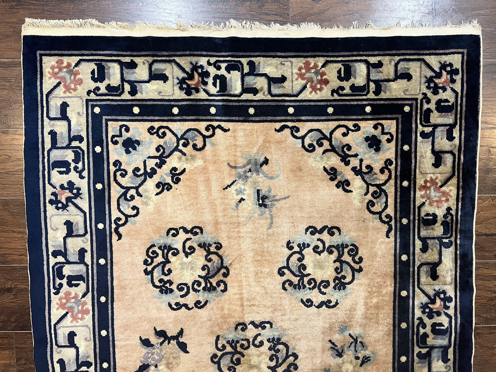 Chinese Peking Rug 4x6, Wool Hand Knotted Handmade Vintage Semi Antique Carpet, Semi Open Field, Light Peach & Navy Blue, Art Deco Rug