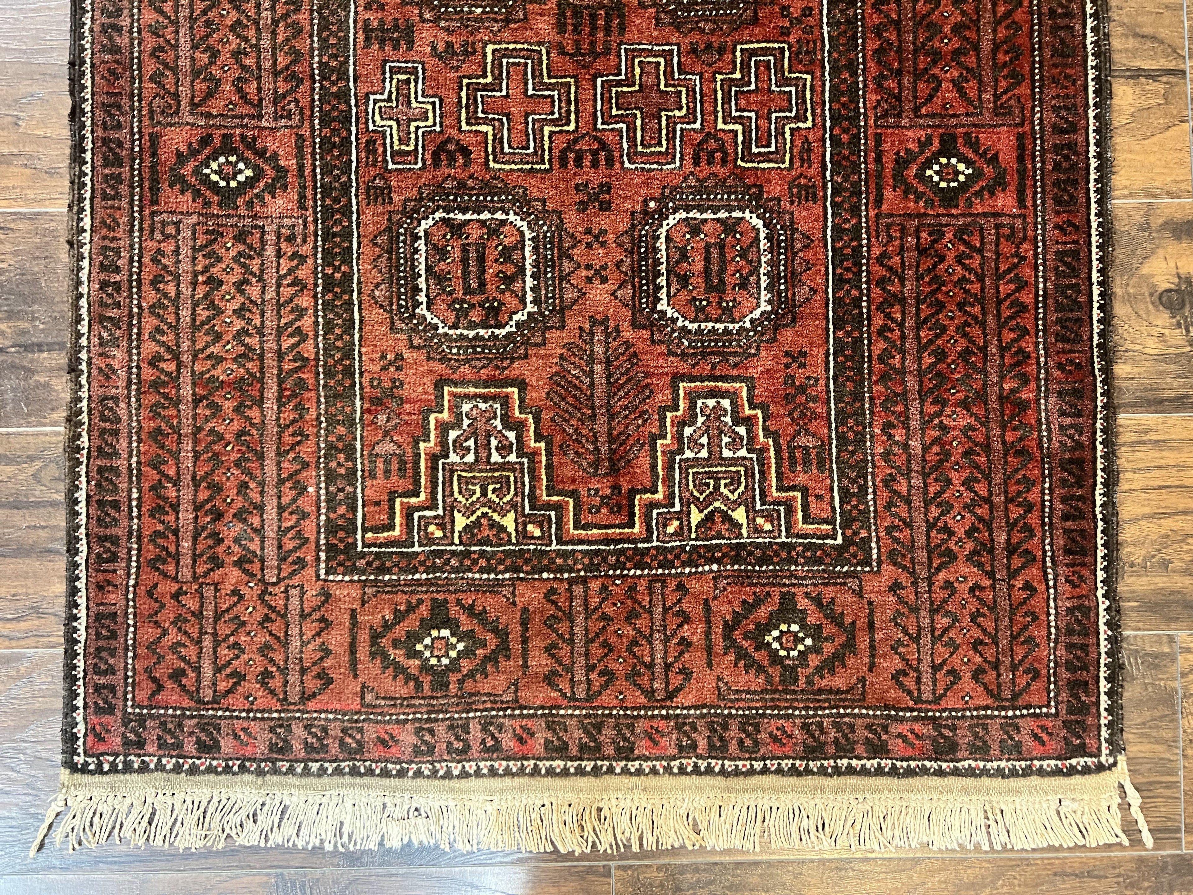 Antique Persian Turkoman Rug 3x6, Wool Tribal Handmade Carpet, Red and Black