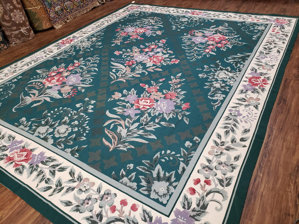 Chinese Needlepoint Rug 8x10, Vintage Green Area Rug, Hand-Woven Flatweave Floral European Design Carpet Wool Handmade 8x 10 Living Room Rug
