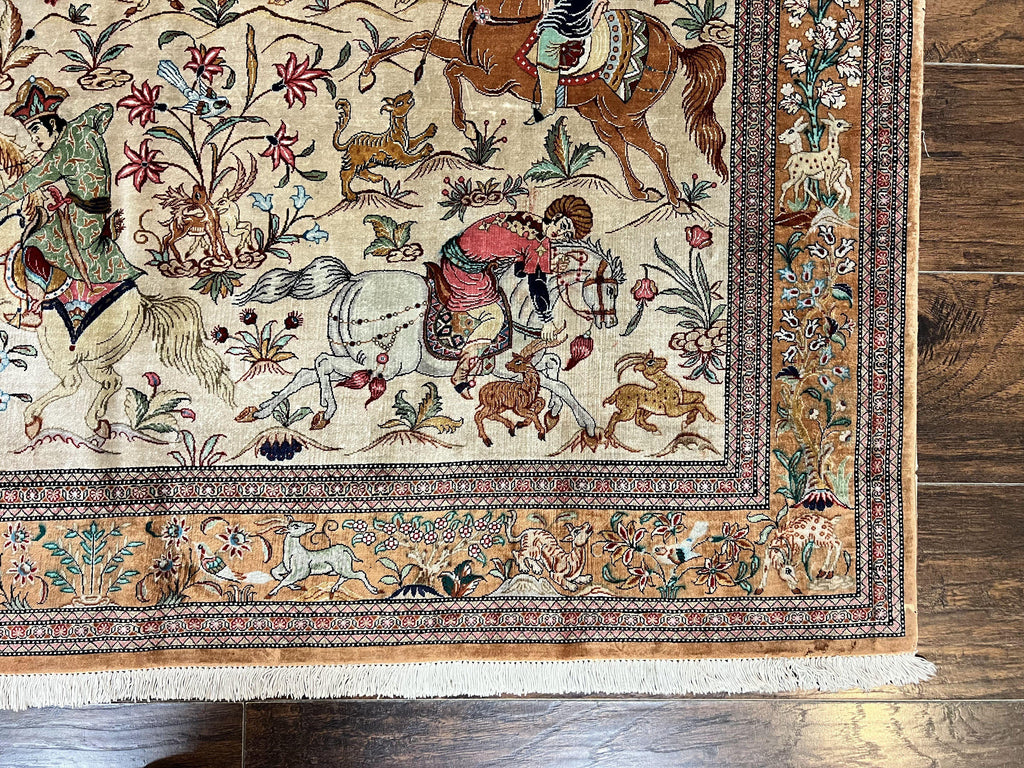 Silk Persian Qum Rug 3x5, Hunting Pattern, Handmade Vintage Carpet, Signed by Master Weaver, Horsemen Pictorials, Super Fine 650 KPSI