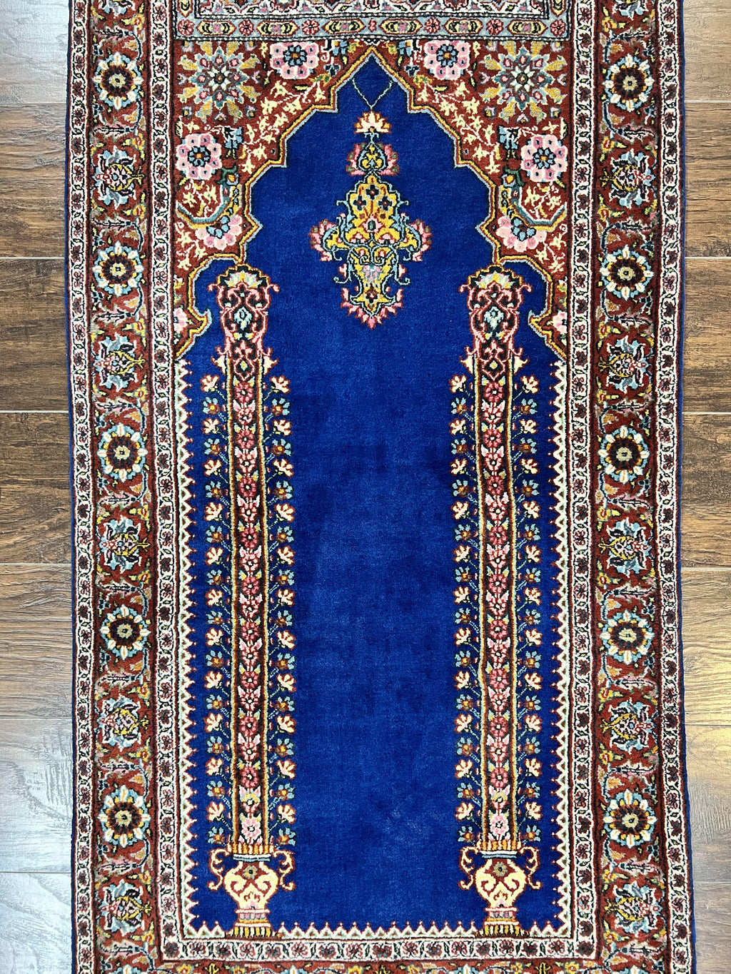 Indo Persian Prayer Rug 3x5, Fine Oriental Carpet, Dark Blue and Red, Vintage Hand Knotted Handmade Prayer Rug