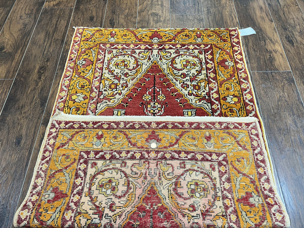 Antique Turkish Prayer Rug 3x5, Hand Knotted Turkish Melas Oushak Wool Carpet, Mehrab Rug, Orange & Red Vintage Rug 3 x 5 Collectible