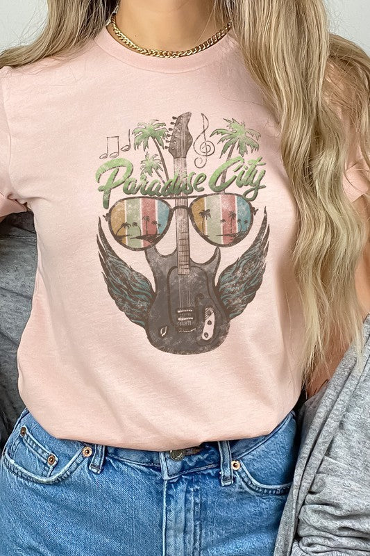 Retro Paradise City Guitar With Wings Graphic Tee T-Shirt
