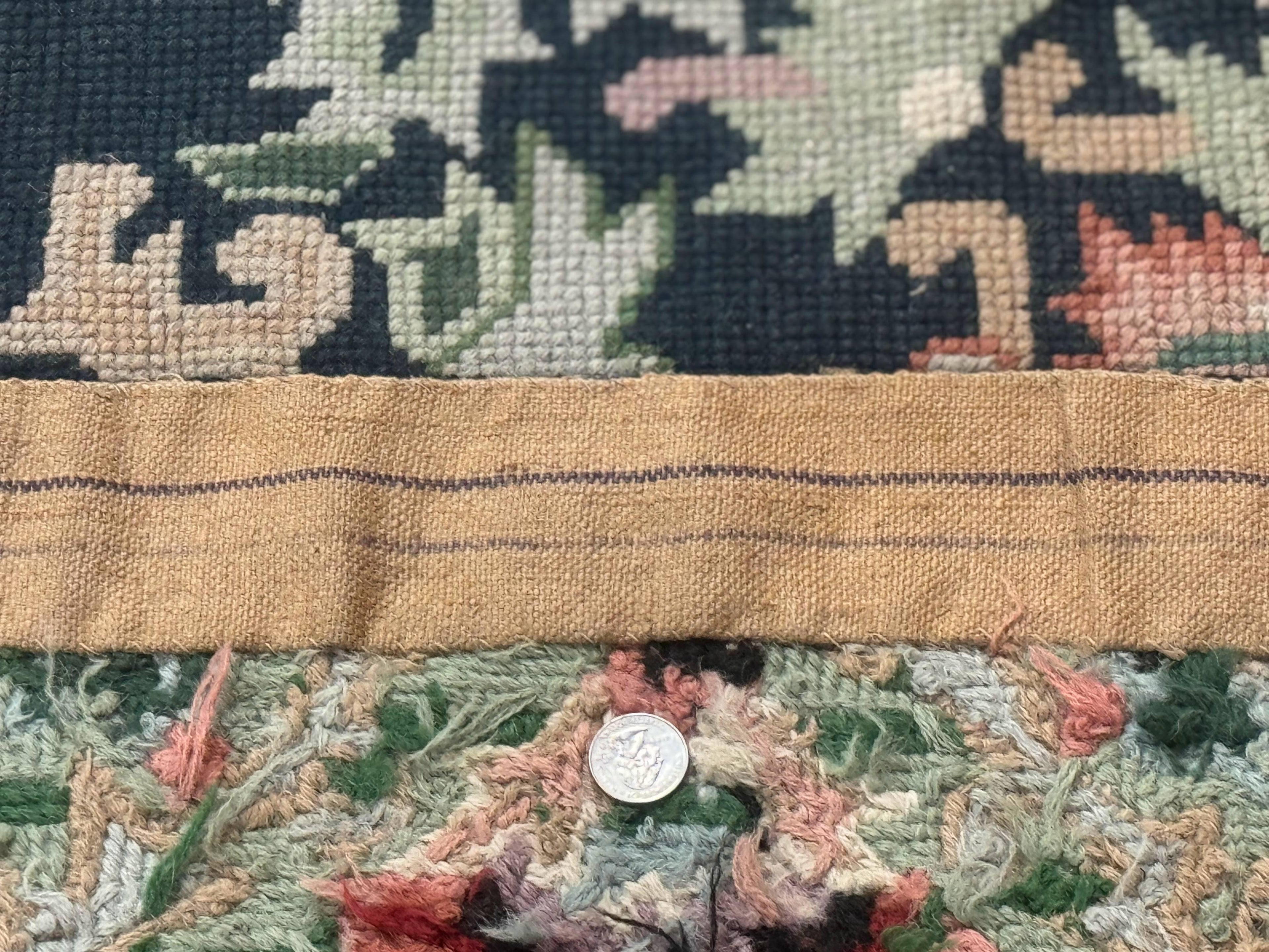 Vintage American Needlepoint Rug 4x6, Dark Green, Wool, Handmade, Flatweave Carpet