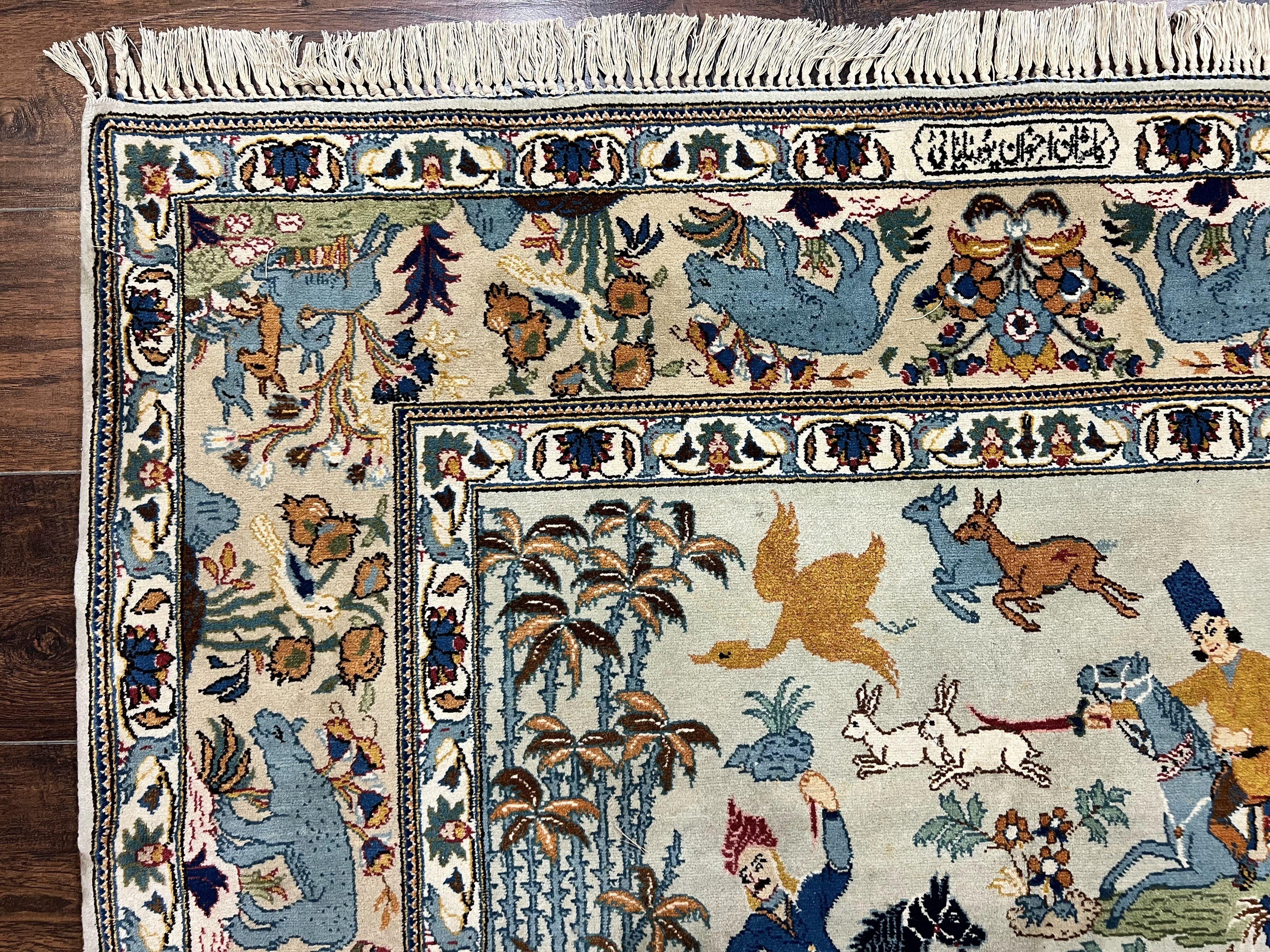 Persian Kashan Pictorial Rug 4.6 x 7, Hunting Scene, Signed by Masterweaver, Animal Pictorials, Rare, Handmade, Wool, Vintage, Very Fine
