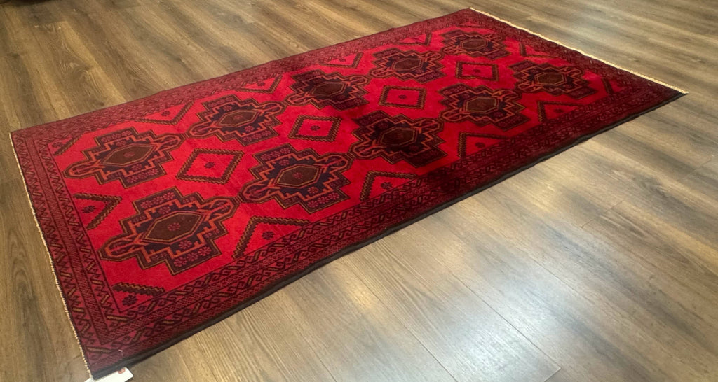 Afghan Rug 4x7, Tribal Carpet, Balouch Rug, Red and Navy Blue, Repeated Medallions, New
