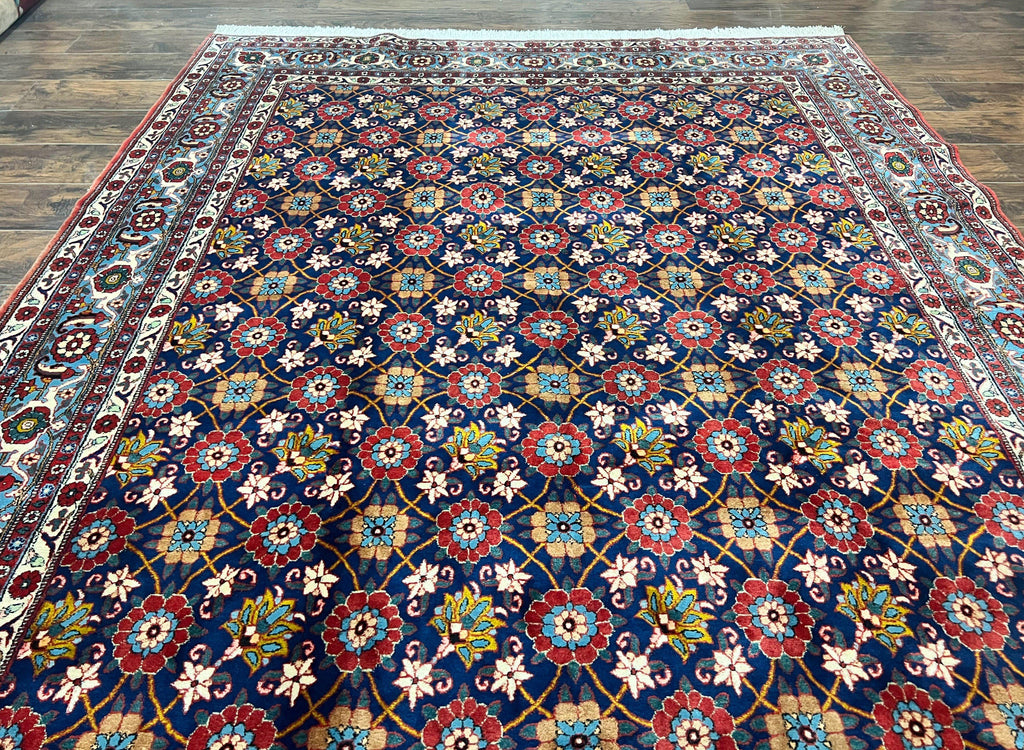 Persian Veramin Rug 7x11, Repeated Allover Pattern, Handmade Vintage Carpet, Navy Blue