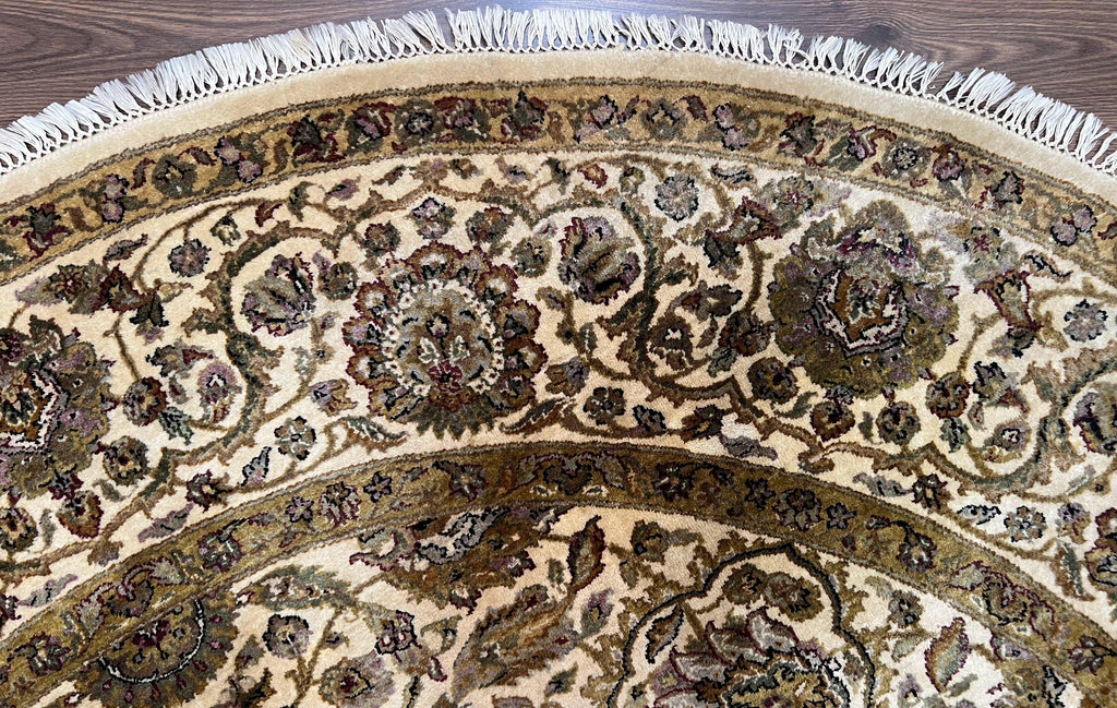 Round Indo Persian Rug 8x8 ft, Large Hand Knotted Vintage Wool Circular Carpet, 8ft Round Oriental Rug, Floral Medallion, Cream and Green