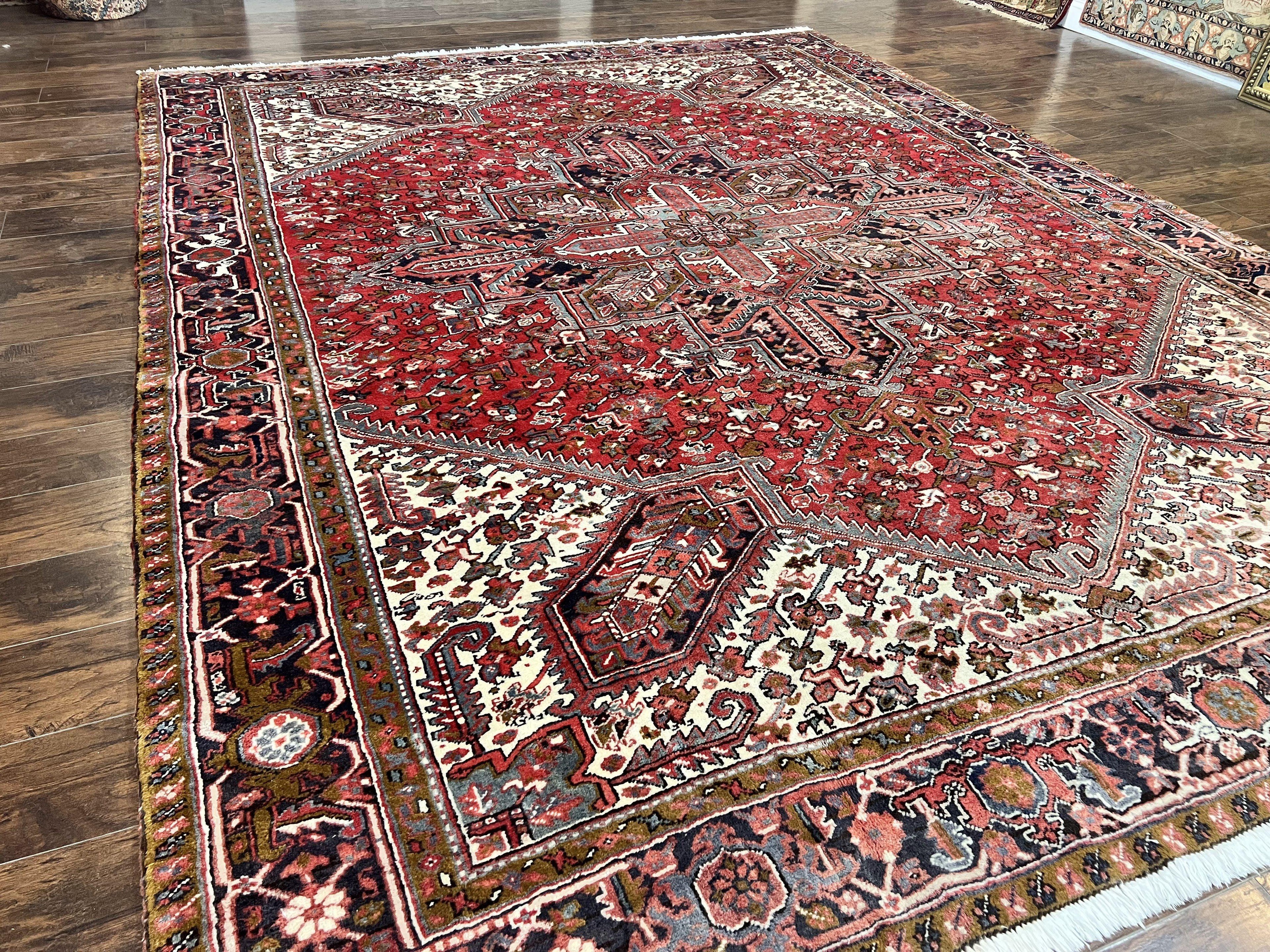Large Persian Heriz Rug 10x13, Wool Hand Knotted Antique Carpet, Red and Ivory, Geometric Tribal Room Sized Rug, Decorative Oriental Rug