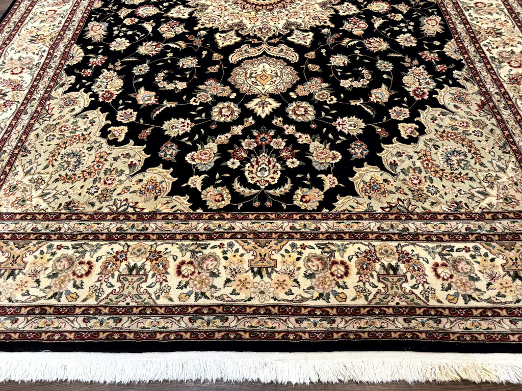 Sino Persian Rug 9x12, Black and Beige, Floral Medallion, Wool & Silk, Handmade